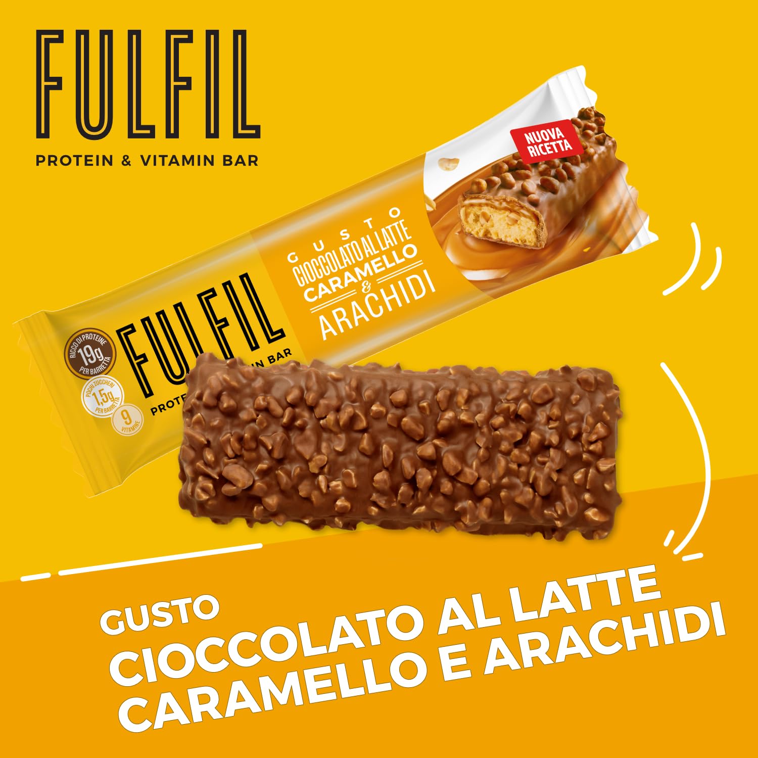 FULFIL - 15 Barrette Proteiche da 55 Grammi, Gusto Cioccolato Caramello e Arachidi con 9 Vitamine e Pochi Zuccheri, Confezione da 825 Grammi