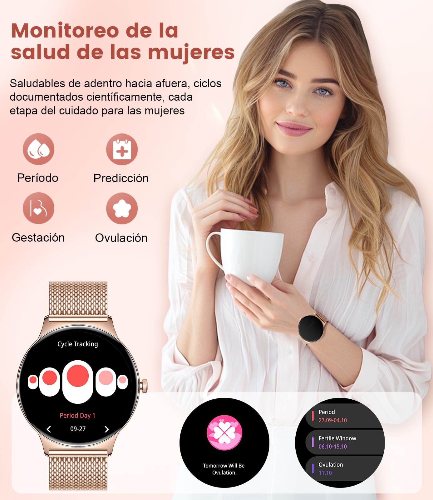LIGE Reloj Inteligente Mujer con 1.43" AMOLED, IP68 Resistente al Agua/Llamadas Bluetooth/Monitoreo de Salud (Ciclo Menstrual, Sueño, Frecuencia Cardíaca), Estilo de Vida Saludable.