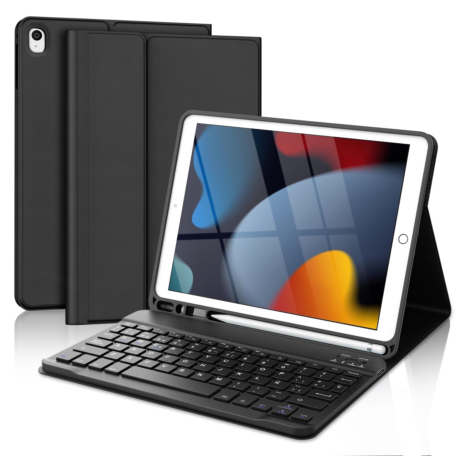 Funda Teclado para iPad 9/8/7 Generación 10,2"/Air 3 10,5"/Pro 10,5” | QWERTY Español Ñ, Magnético Desmontable Bluetooth Teclado, Funda con Portalápices, para iPad 10,2 2021/2020/2019(Negro)