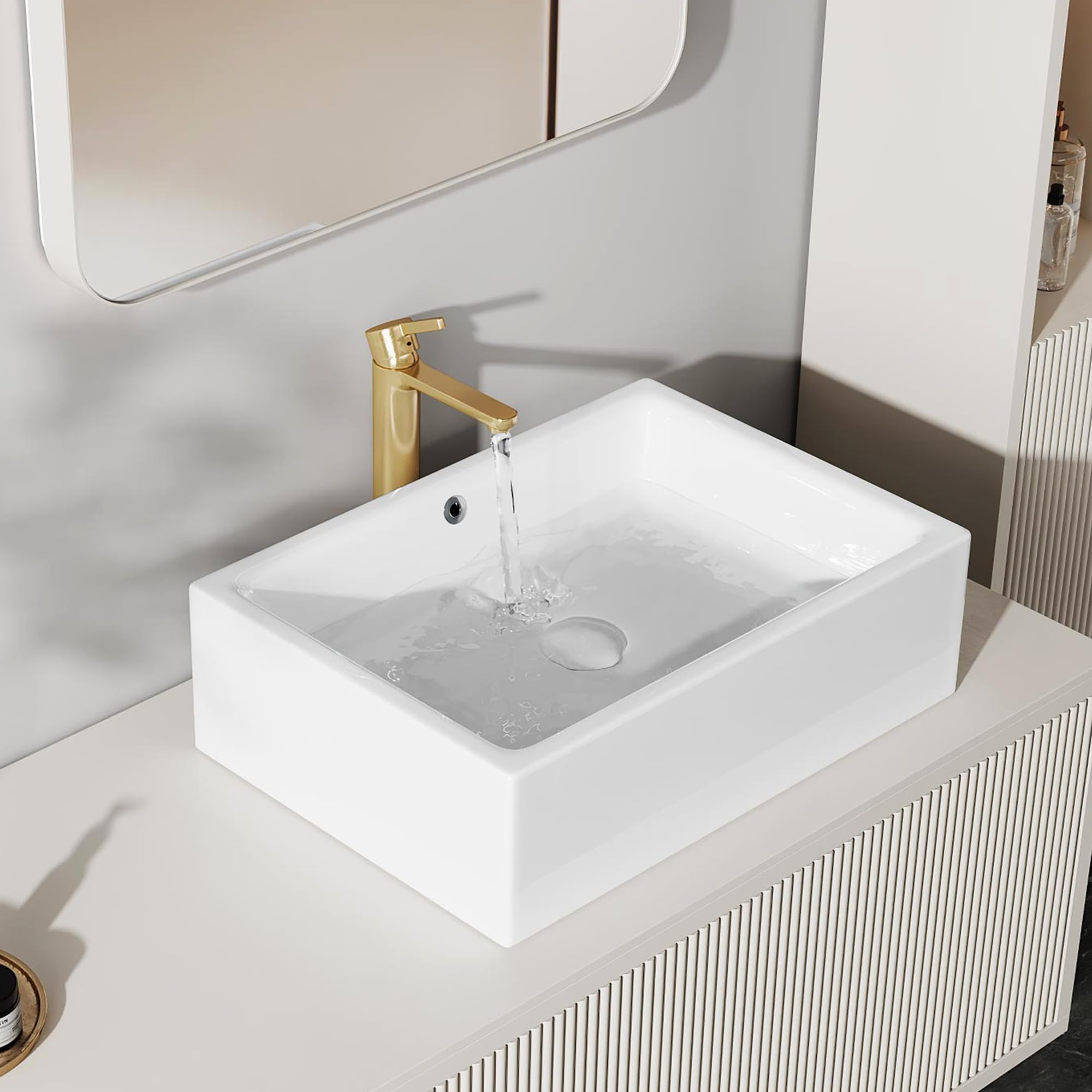 Eridanus Lavabo rettangolare in ceramica, 51 x 37 x 15 cm, lavabo da appoggio per vasca da bagno, moderno lavabo bianco, lavabo da tavolo, lavabo con foro per rubinetto, lavabo a mano
