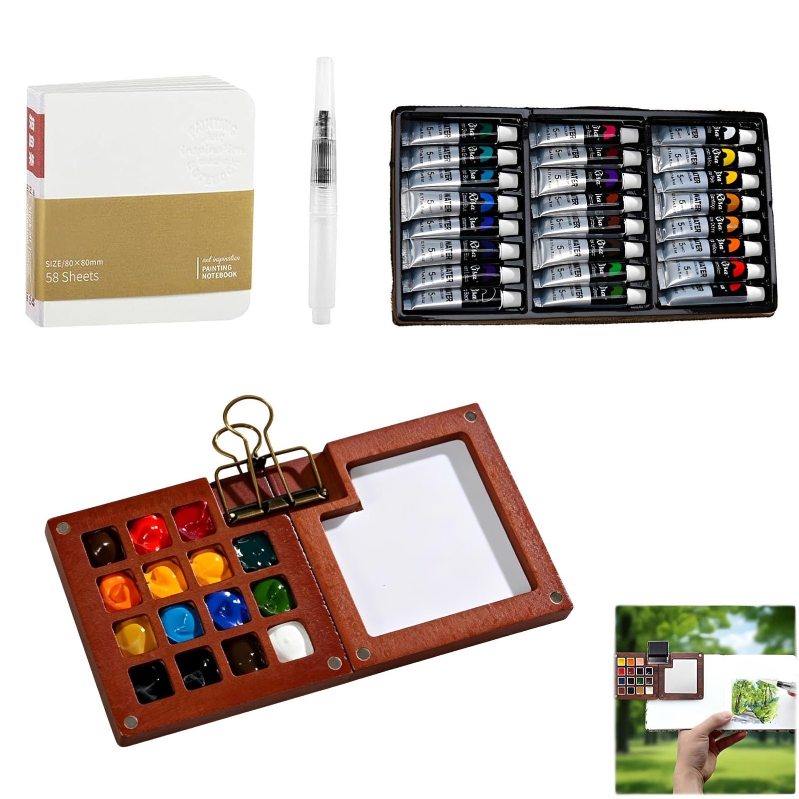 4 PCS Mini Watercolour Kit, Travel Paint Set with Walnut Wood Palette