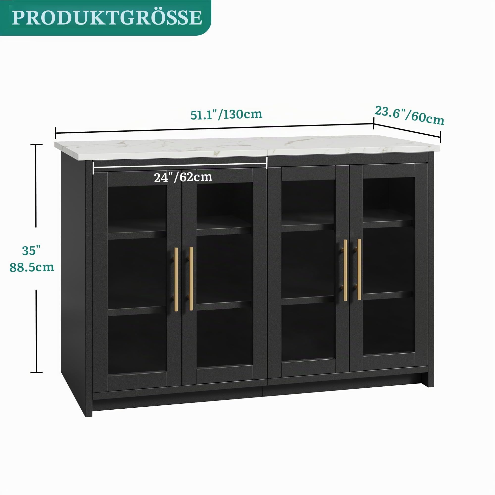 YITAHOME kücheninsel mit arbeitsplatte, Steckdose und LED-Beleuchtung, Frühstückstisch mit Sitzgelegenheit, Doppelschrank mit Acryl-Fronten, dreistufiger Verstellbarer Schrank, Marmoroptik