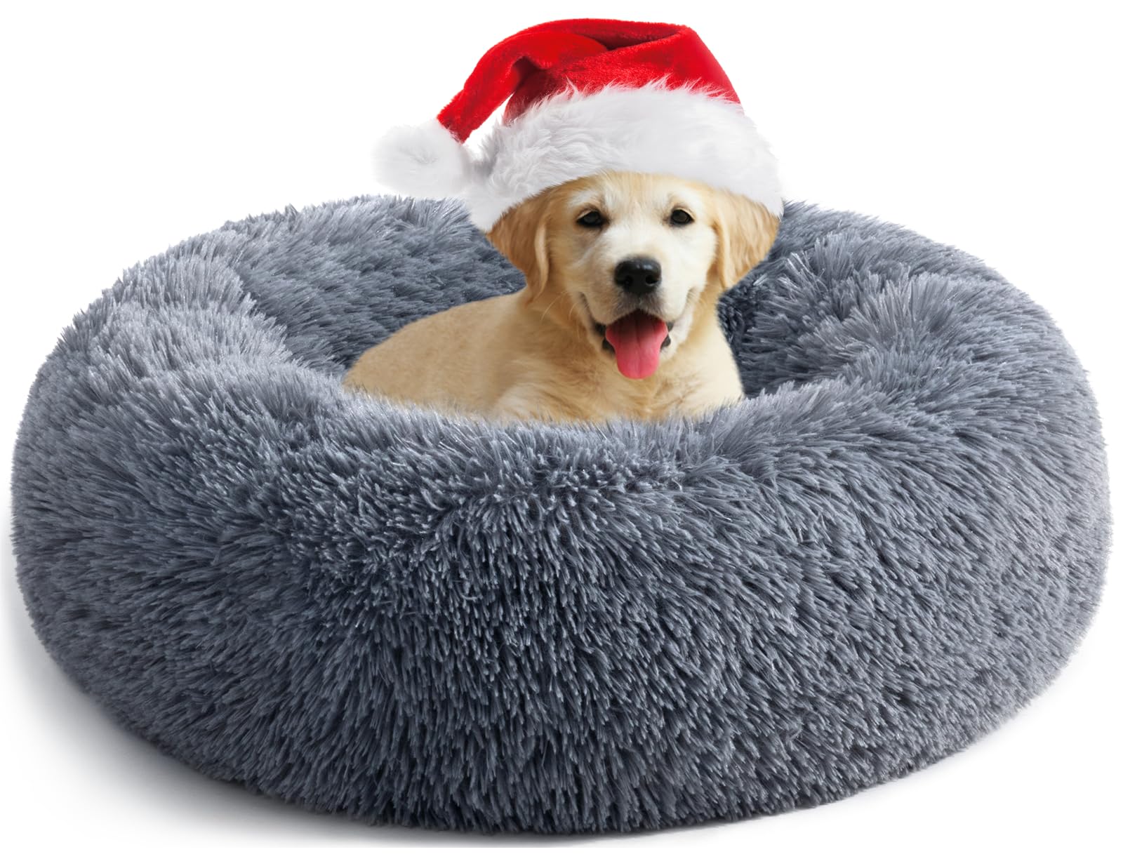 Calming Donut Dog Bed for Medium Small Dogs Cats, Fluffy Anti AnXiety Dog Beds Washable Puppy Bed Non-Slip Plush Cuddler Warming Round FauX Fur Pet Bed,Dark Grey,60*60cm