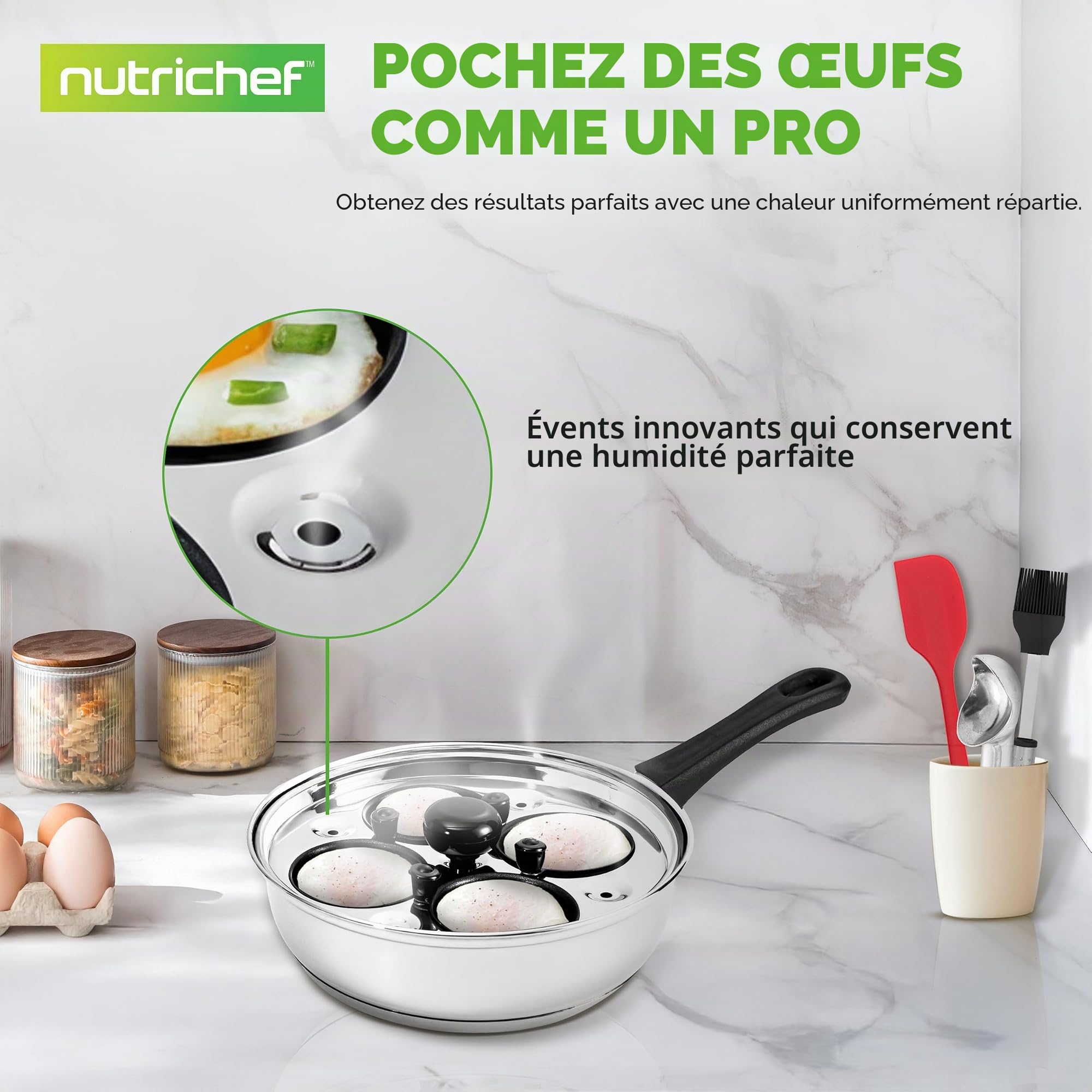 NutriChef Poêle à Œufs Pochés 4 Moules en Inox 20 cm – Cuiseur à Œufs Antiadhésif avec Couvercle en Verre, Minuterie et Accessoires, Compatible Induction, Gaz et Électrique, Pour Œufs Pochés Parfaits