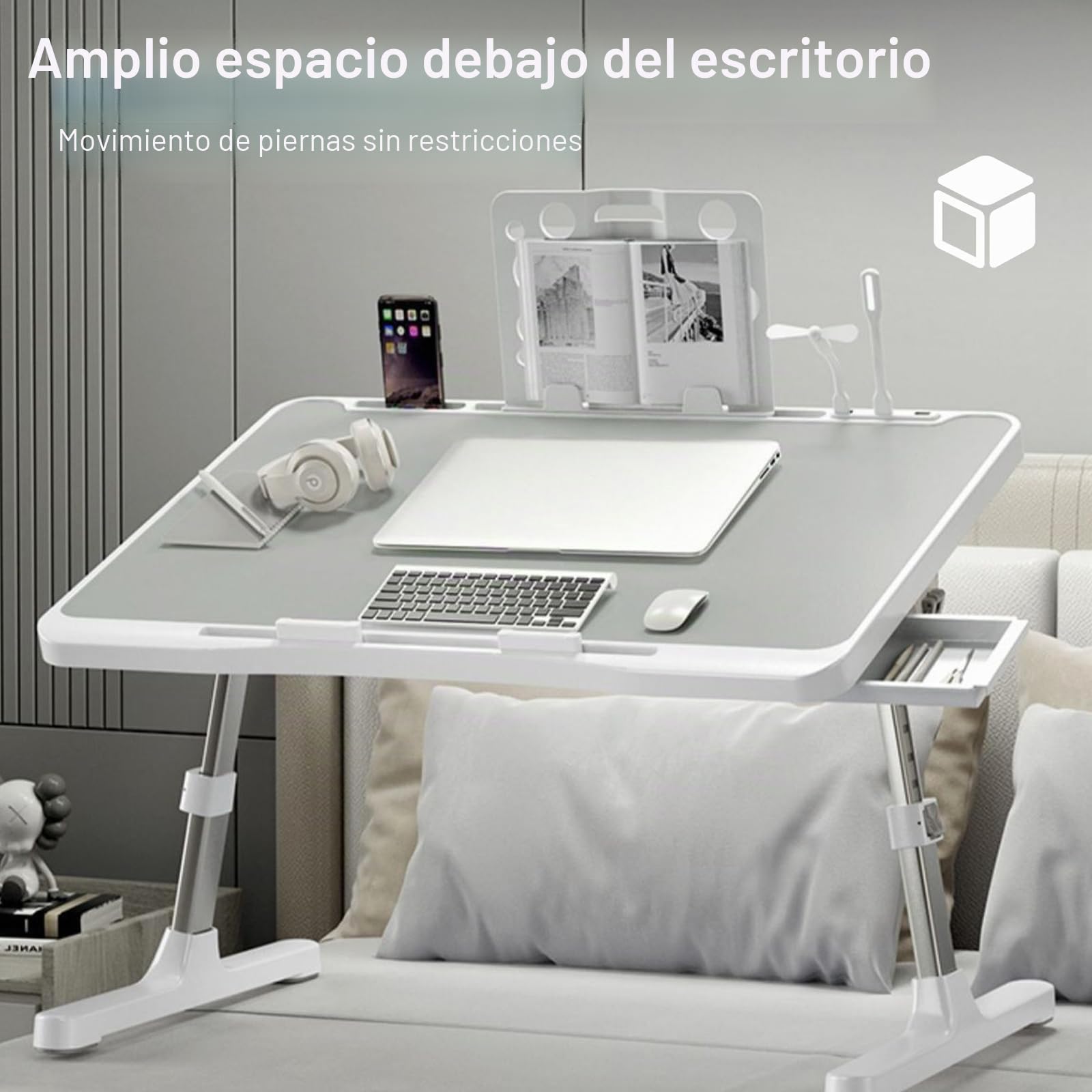 Mesa para PortáTil, Bandeja De Cama Ajustable En Altura Mesita De Noche Plegable con CajóN Estante LáMpara De Escritorio USB Y Ventilador para Cama Sofá Suelo 60 X 40 Cm