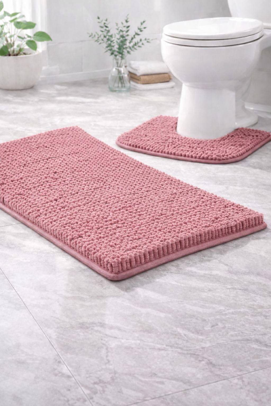 Artistic Fashionista Limited 2 Piece Shaggy Chenille Loop Bath Mat Set – Ultra Soft, Non Slip & Highly Absorbent Bathroom Rugs – Anti Mould Plush Pedestal & Toilet Mat for Shower & Bath (Blush Pink)