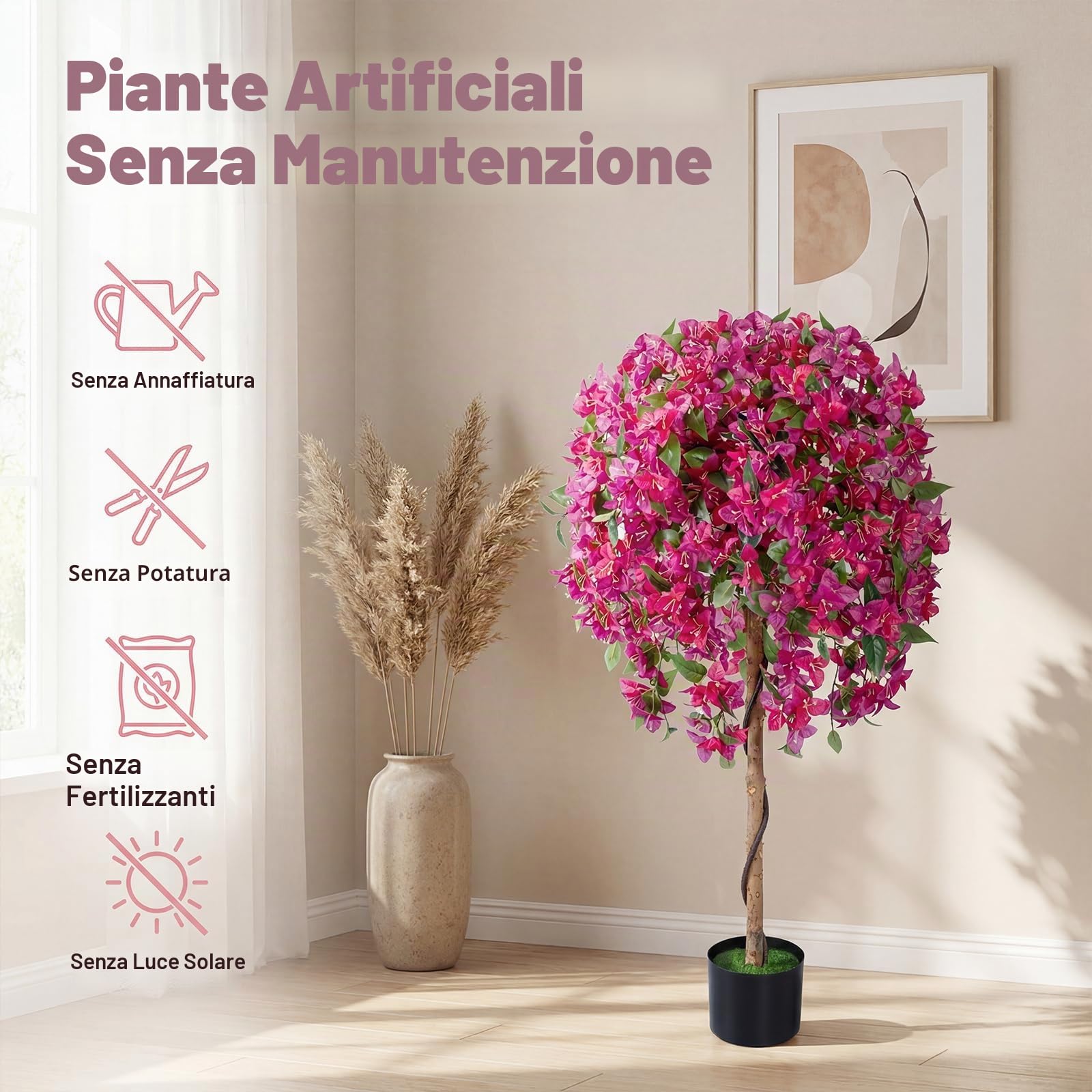 LIFEZEAL Set di 2 alberi artificiali bouganville 130 cm, pianta finta in vaso con fiori vivi, fogliame realistico, rami regolabili, base cemento stabile, decorazione per interni ed esterni, balcone