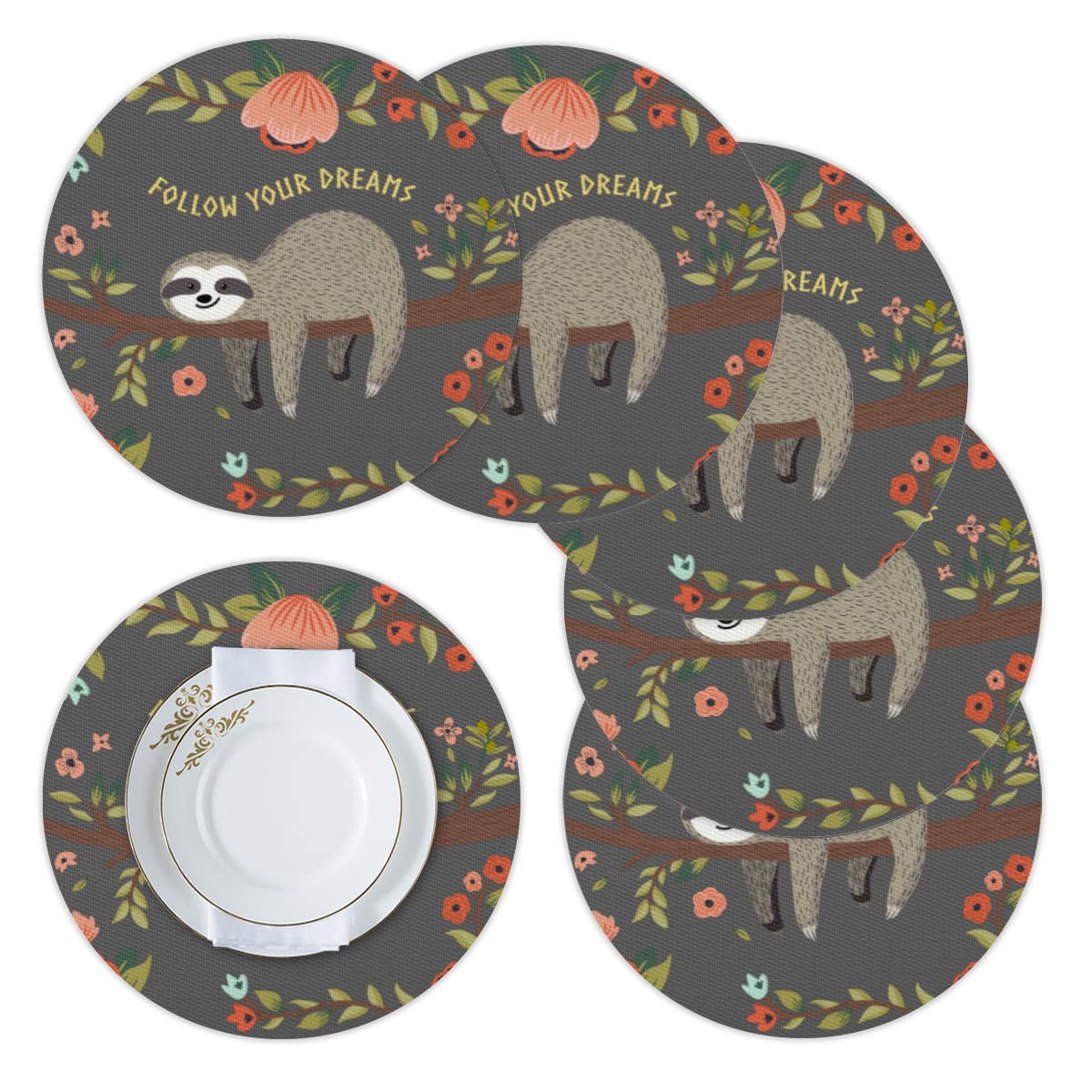 Tovaglietta rotonda con fiori di bradipo Set di 6 simpatiche tovagliette a forma di bradipo resistenti al calore, facili da pulire, antiscivolo, in PVC, per cucina e pranzo
