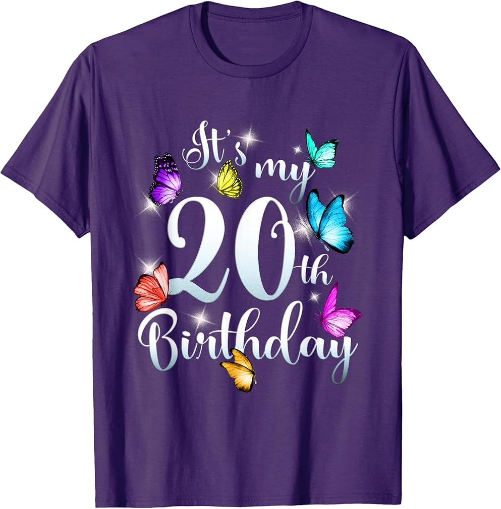 Its My 20th Birthday Shirt Colorful Butterfly Happy Birthday T-Shirt