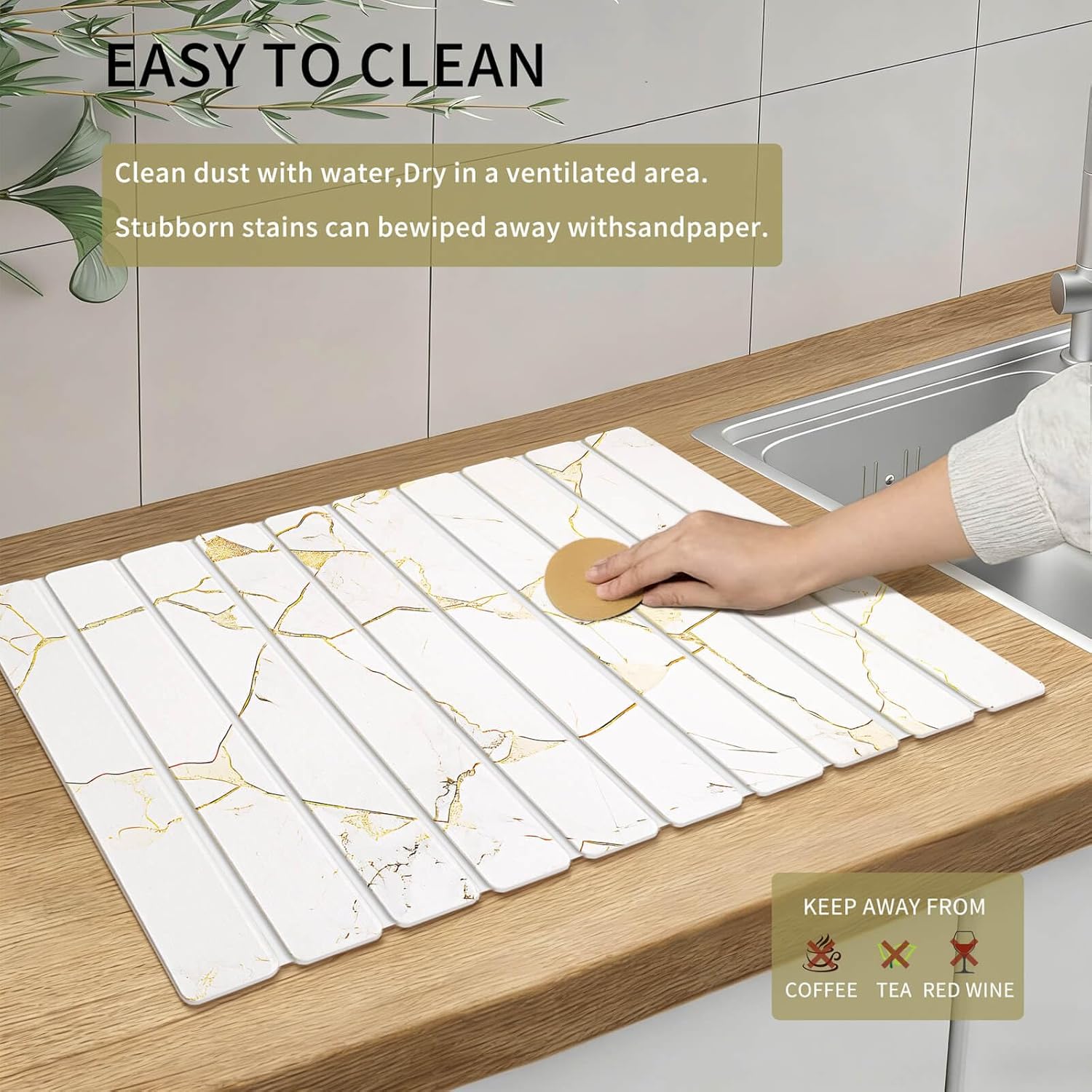 Stone Dish Drying Mat - Large Foldable Marbled Quick Drying Dish Mats With Stone Coasters Set of 4 Collapsible Ultra Absorbent Diatomaceous Earth Mats for Kitchen Counter Bathroom (White)