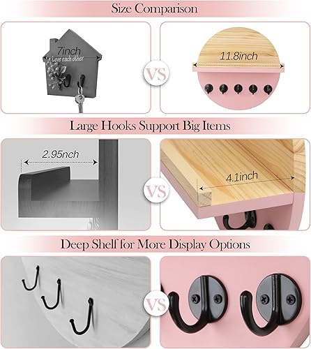 Miniatura 9 de Gurfuy Soporte para llaves de pared con estante, organizador cuadrado de madera y estante con ganchos para estante montado en la pared para