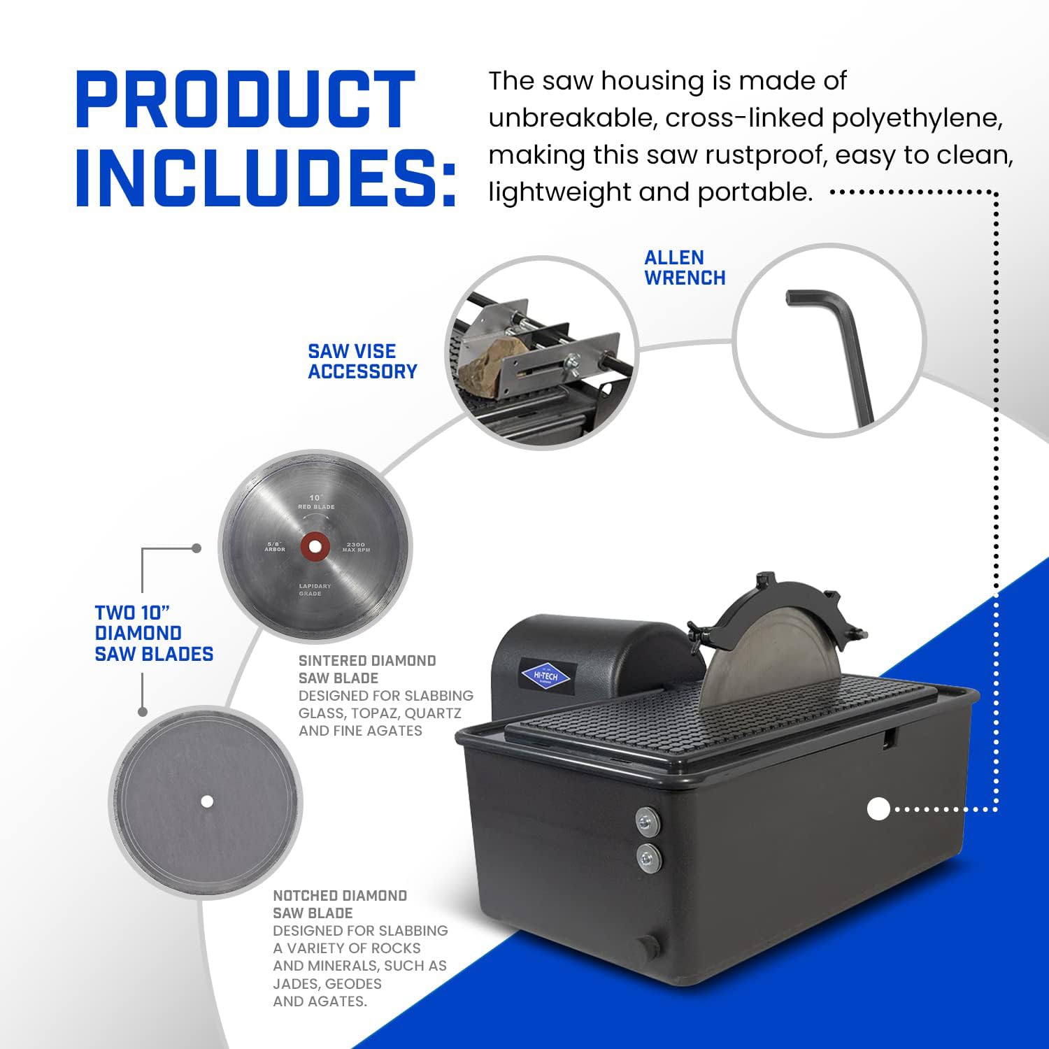 Hi-Tech Diamond - 10" Lapidary Equipment Slab Saw for Stone Cutting Rock, Glass, Slabbing, Machine for Cutting Rocks - Includes TWO 10" Diamond Saw Blades & Vise Attachment