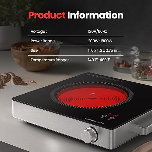Miniatura 5 de Quemador eléctrico de placa caliente de 1800 W, quemador portátil para cocinar con temperatura ajustable y asas que se mantienen frescas, acero