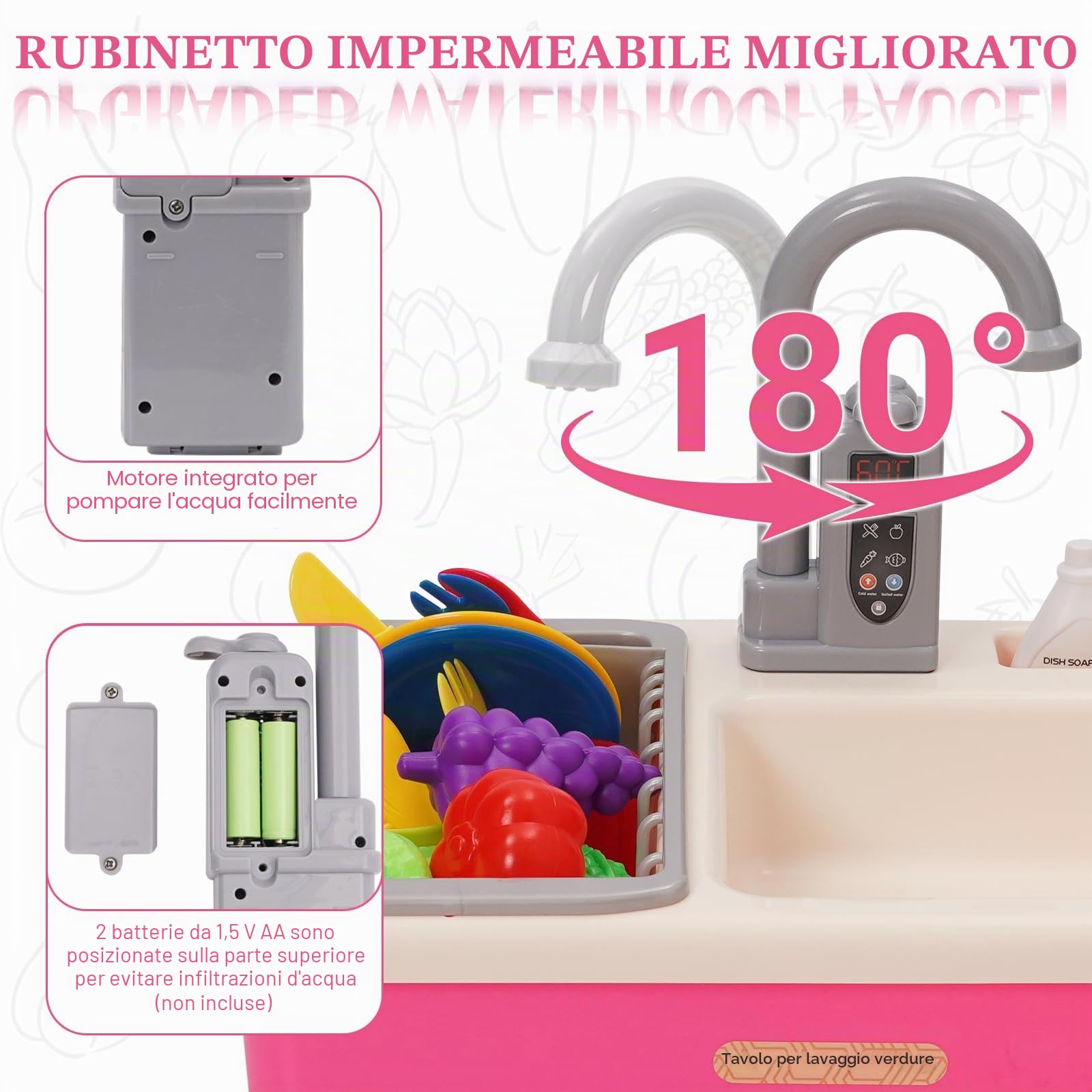 Lavello da gioco per bambini, set di giocattoli con circuito dell'acqua, rubinetto elettrico, lavandino gioco di ruolo per bambini, accessori da cucina, gioco di ruolo per bambini 3+