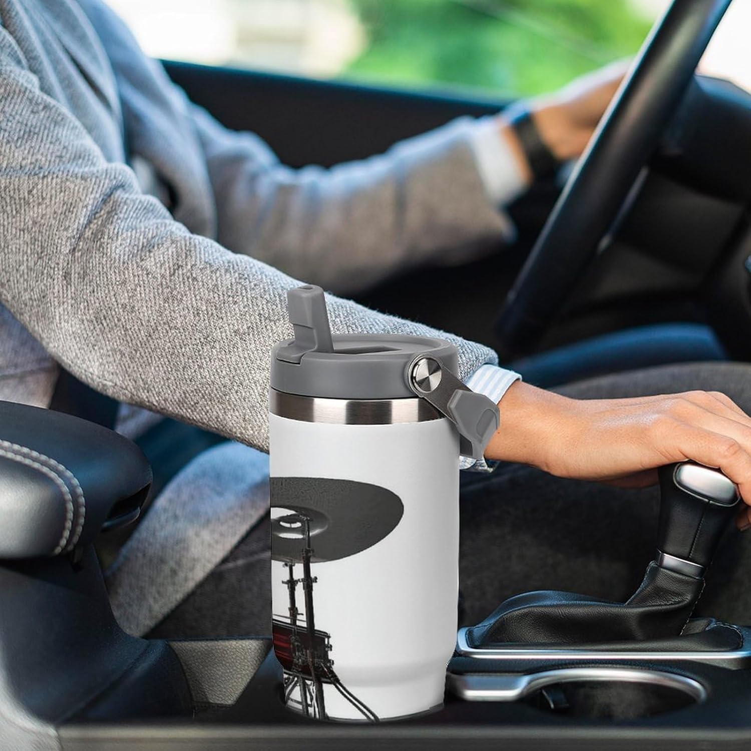 Cool Drum Set Water Bottle 30 Oz Fits Car Cup Holder,Insulated Coffee Mug Large Capacity Car Cups,Stainless Steel Double Wall Sport Bottle for Travel Sports Gym