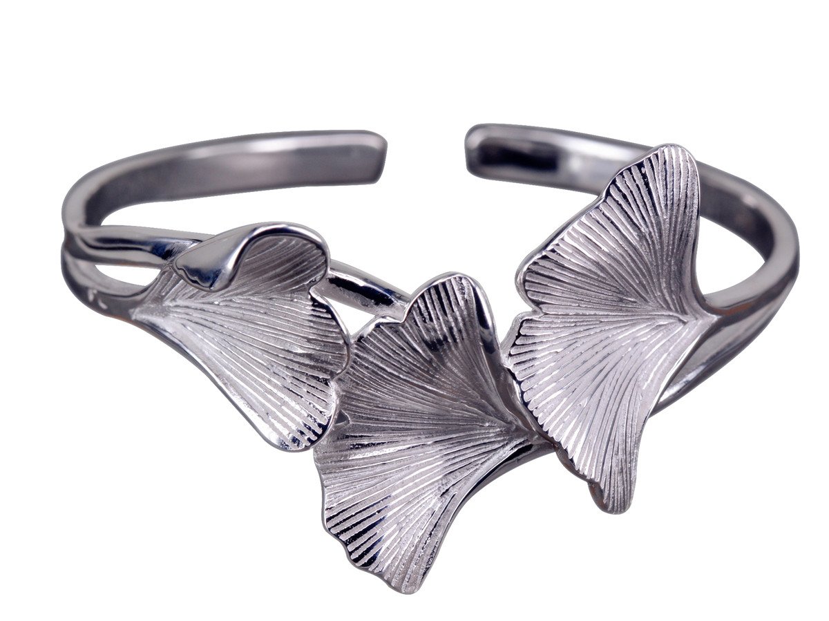 NicoWerk Silber Armreif Ginkgo-Blatt Ginko Natur Breit Matt Glatt Armspange Armband 925 Damen Schmuck Geschenk Sterling SAR117