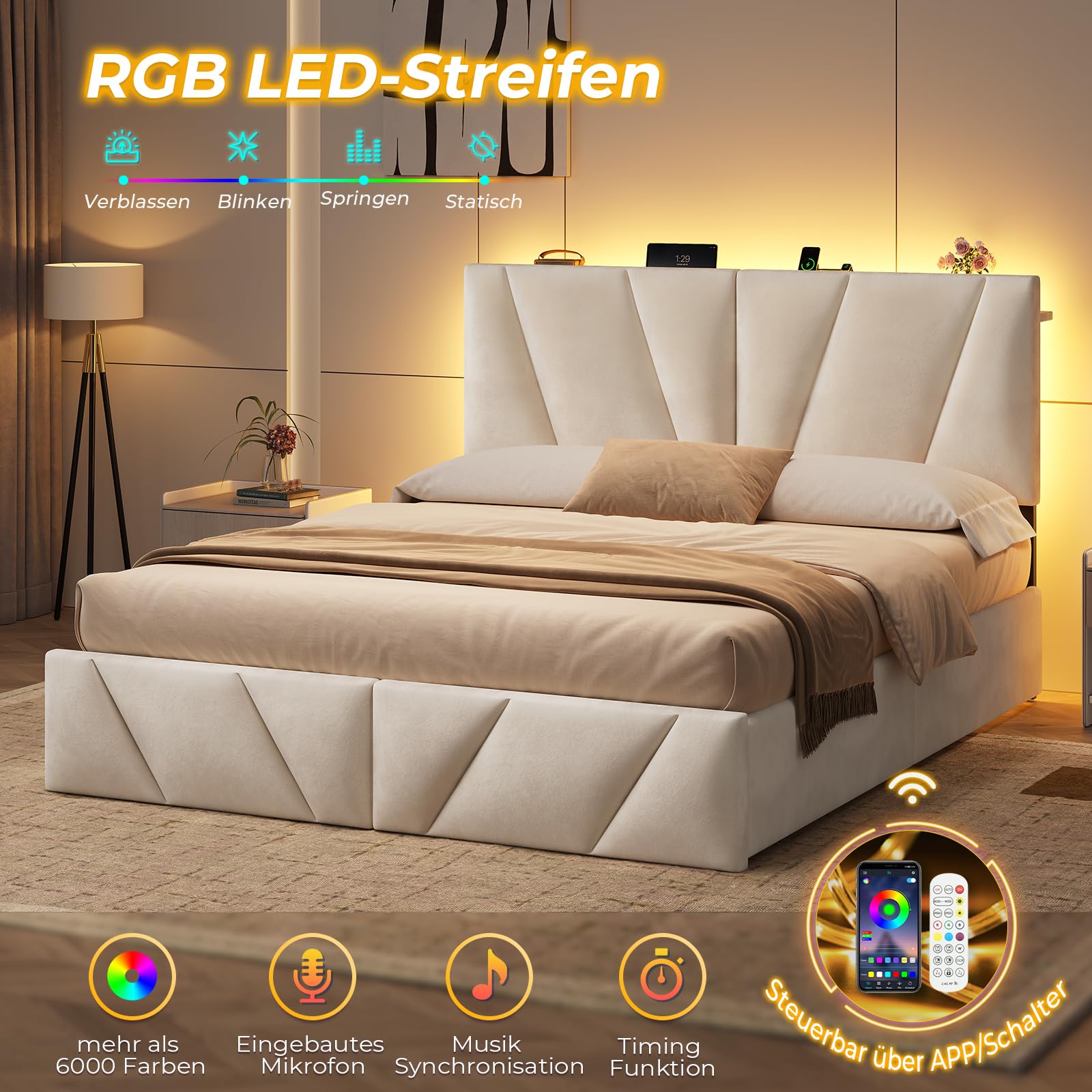 KIMENICH Bett 140x200, Samt Bett mit 4 Schubladen, Doppelbettgestell mit Steckdose & LED-Lichtband, 3-stufig höhenverstellbares Kopfteil, Schlafzimmer Stauraumbett, Beige Samt