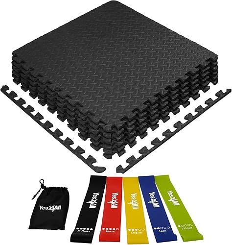 Yes4All Alfombrilla de ejercicio entrelazada, color negro, 6 unidades + bandas de bucle de resistencia