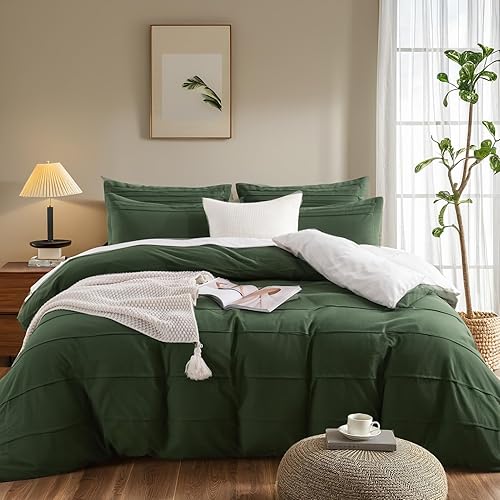 Miniatura 2 de NEXHOME PRO Funda de edredón 100% algodón orgánico, tamaño Queen, funda de edredón plisada con textura verde bosque, juego de ropa de cama de 3