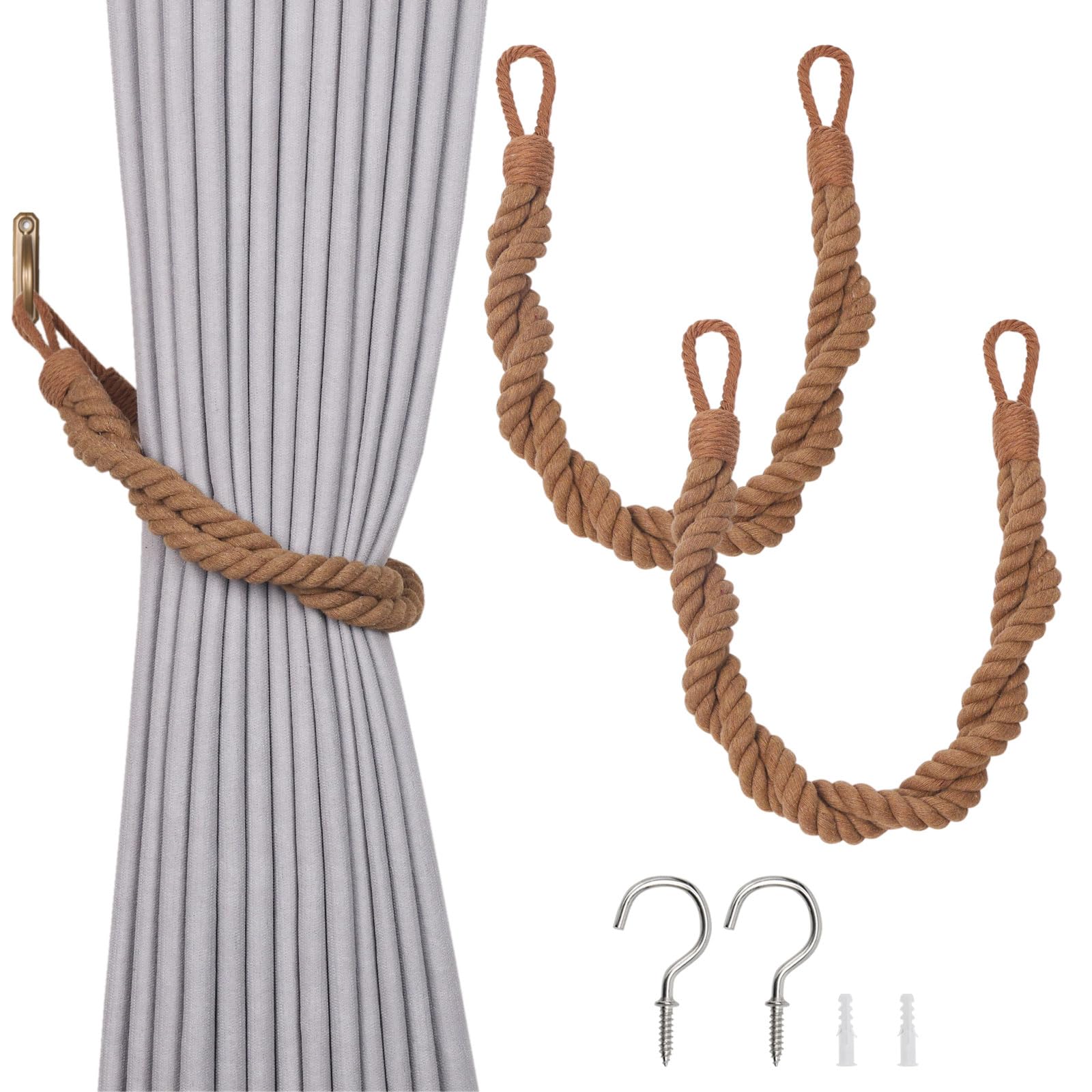 Pretty Jolly 2 Pack Natural Cotton Rope Curtain Tiebacks Elegant Boho Style Decor Drape Tie Backs Soft Hand-Woven Double Rope Curtain Holdbacks with Metal Hook for Home & Office Drapery (Light Coffee)