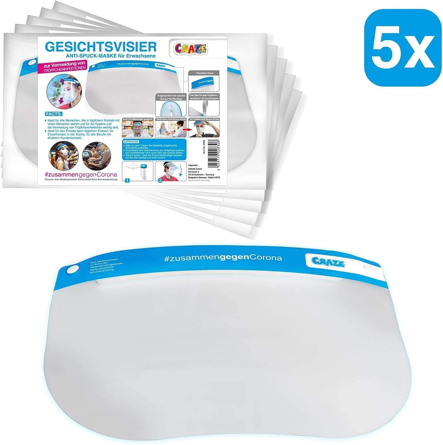 Craze 28308 Visière Anti-Crachat Plastique Souple Anti-Buée Avec Rembourrage - Protection Visage