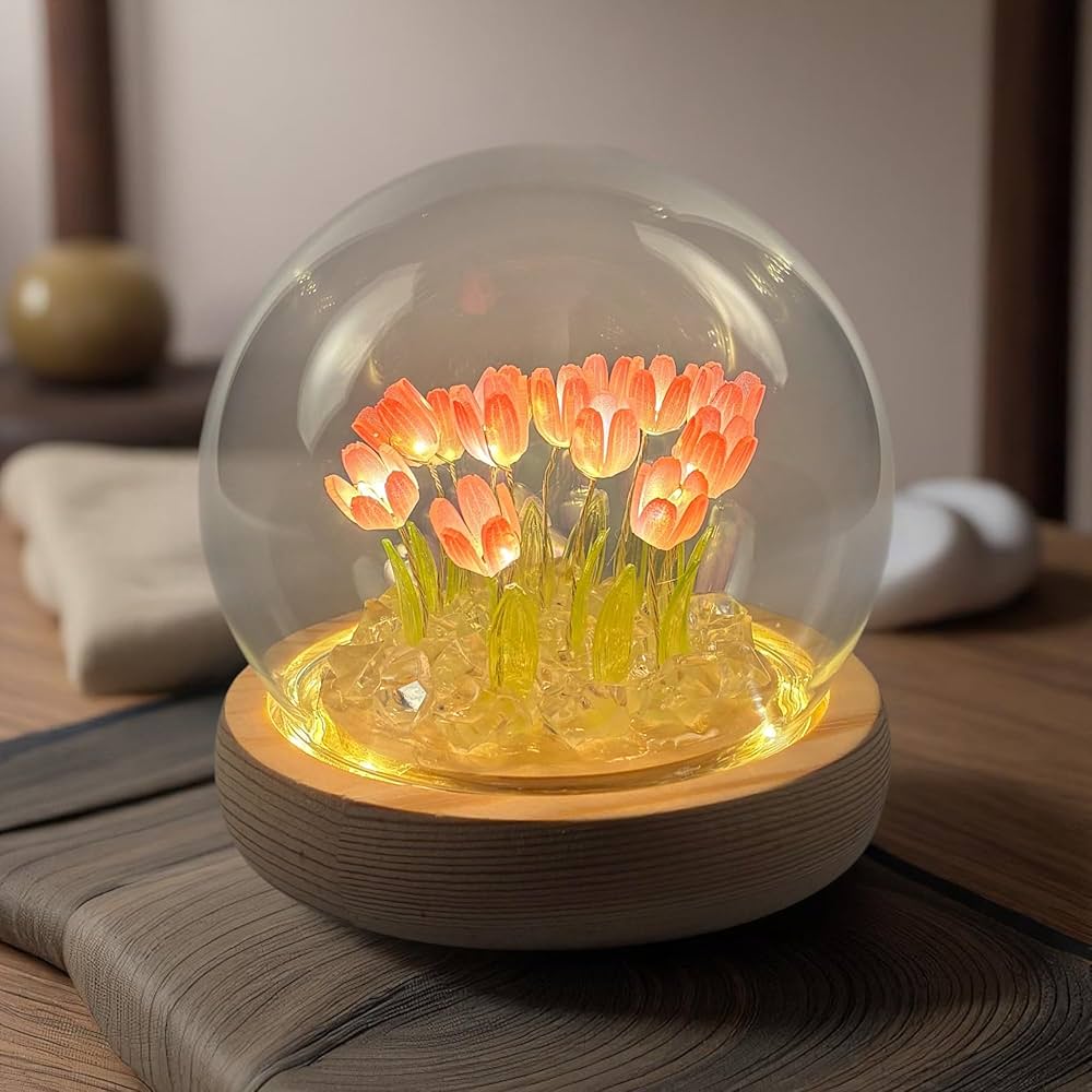 ALYMACK Tulip Lamp Glass Globe - Illuminated Flower Lamp with Glowing Blooms on Wooden Base - Battery-Powered Decorative Night Light for Bedroom, Living Room & Home Decor - Amazon.com