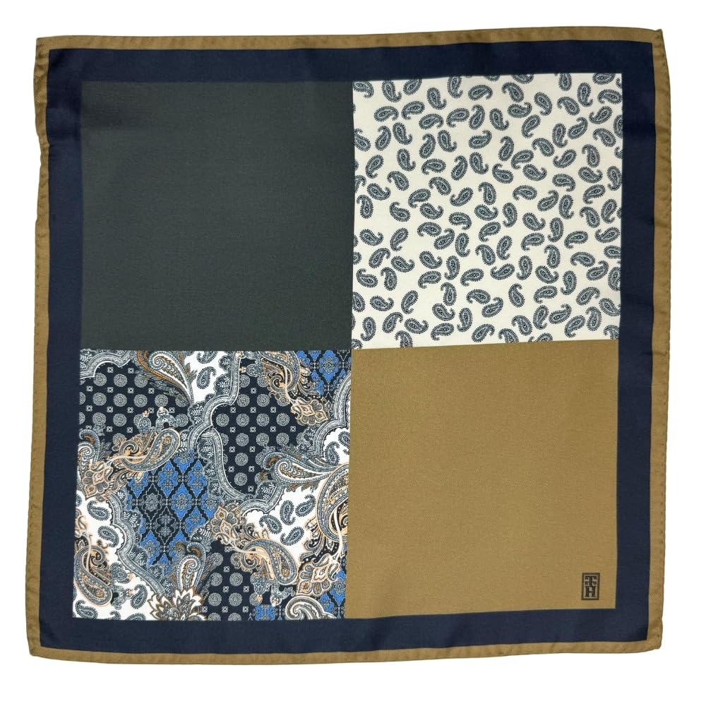 the tie hub Multi-Block in Green, Brown & Blue Paisley Design with Dual Border Italian Silk Pocket Square for Men-picture-37