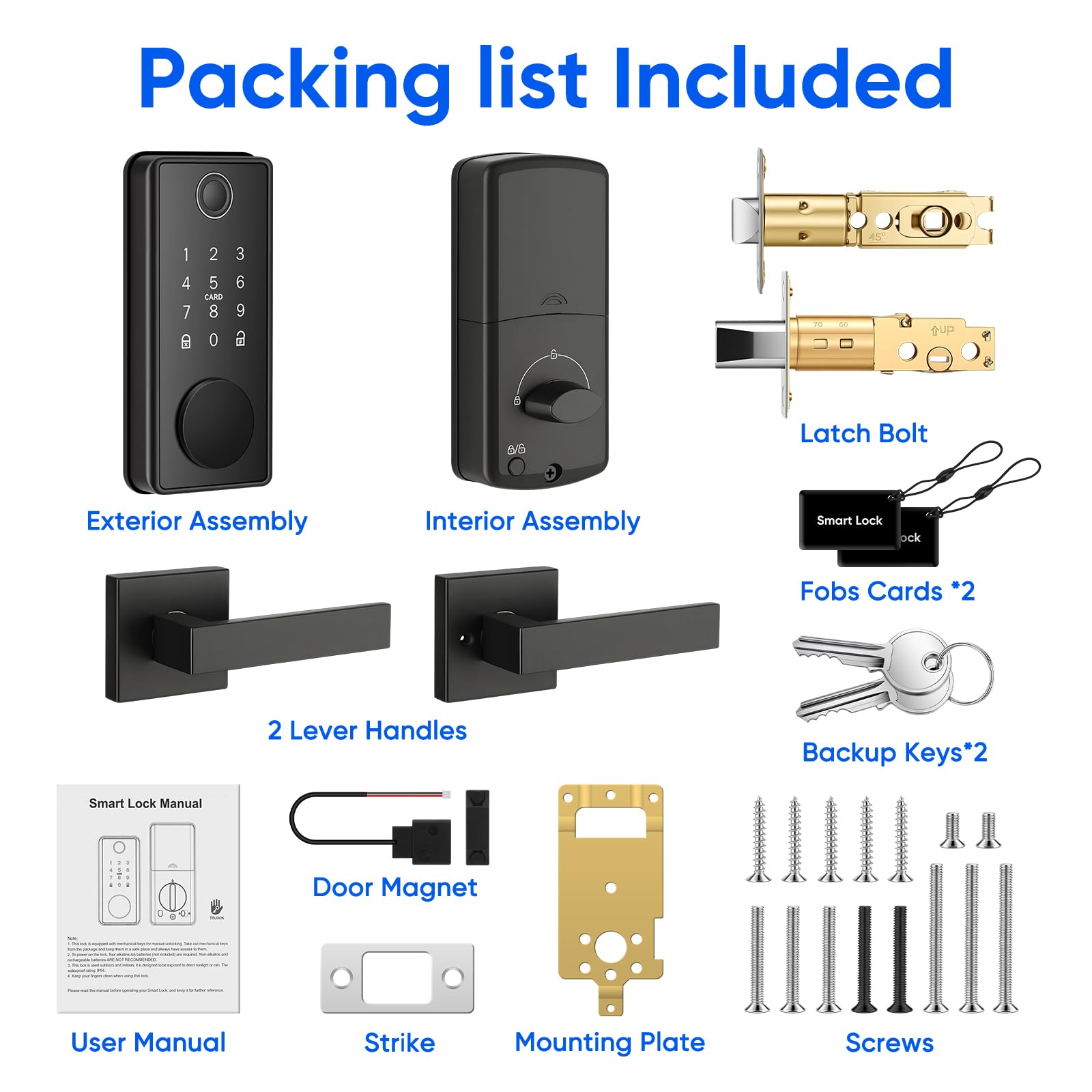 MYPIN Smart Türschloss mit 2 Hebelgriffe, Fingerabdruck, schlüsselloses Deadbolt Schloss, Touchscreen-Tastatur, App-Steuerung, kompatibel mit Apple Watch, automatische Links-/Rechts-Erkennung, Schwarz