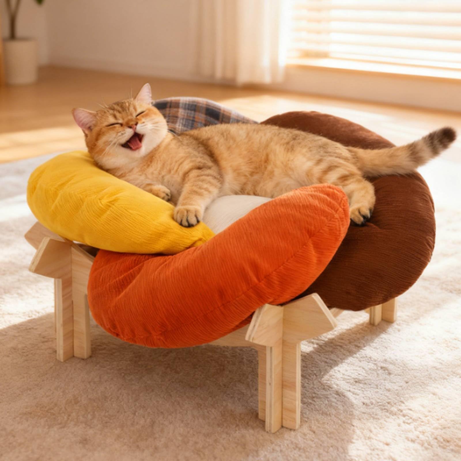Nido per Gatti in Pile Letto Rialzato Cuccia Divano Amaca Base in Legno Multistrato Rivestimento Morbido Confortevole Traspirante a Blocchi Facile