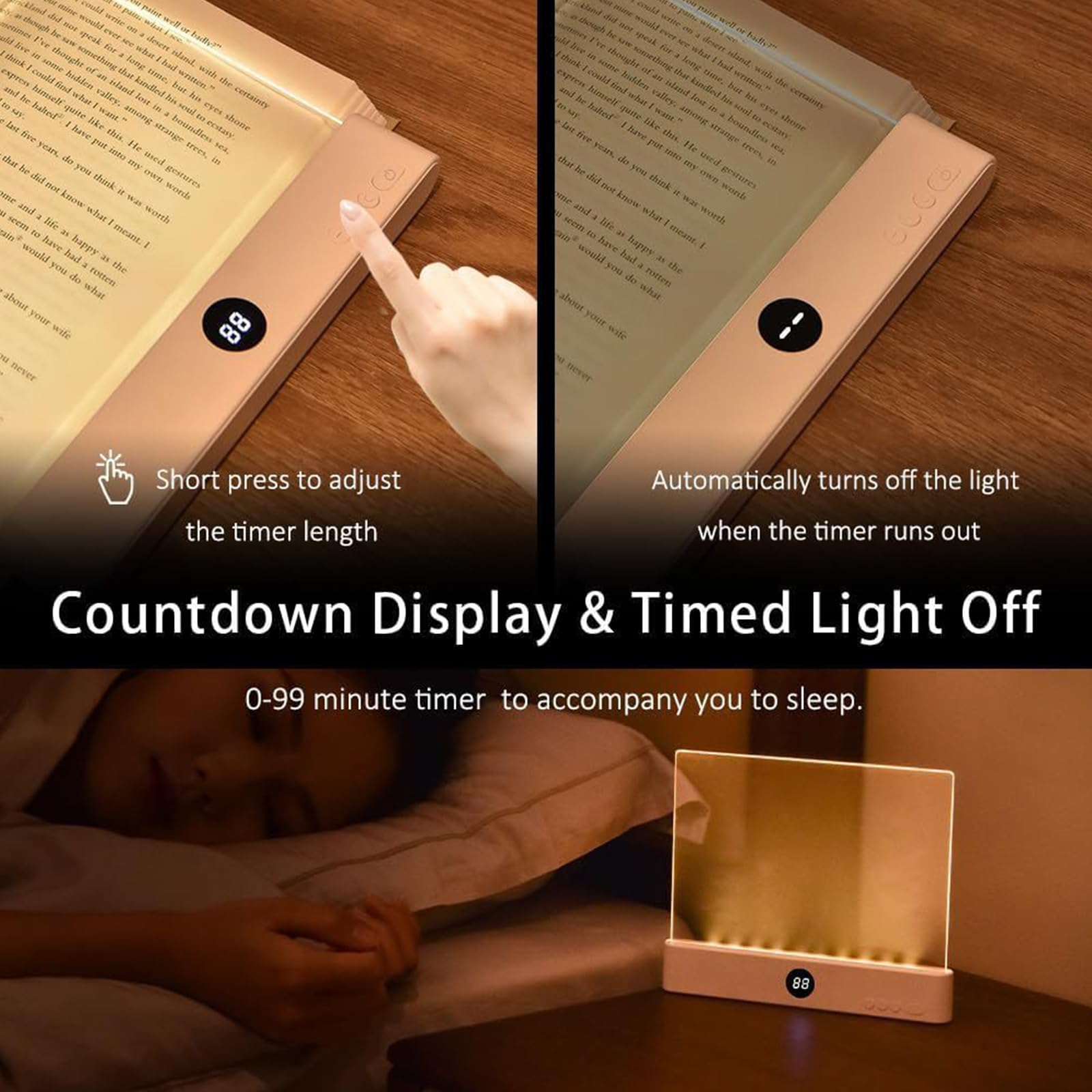Smart Led Reading Book Light,Rechargeable Clear LED Flat Reading Light with 3 Colors & Timer, Student Eye Protection Night Lights, Flat Reading Lamp for Night Read-C