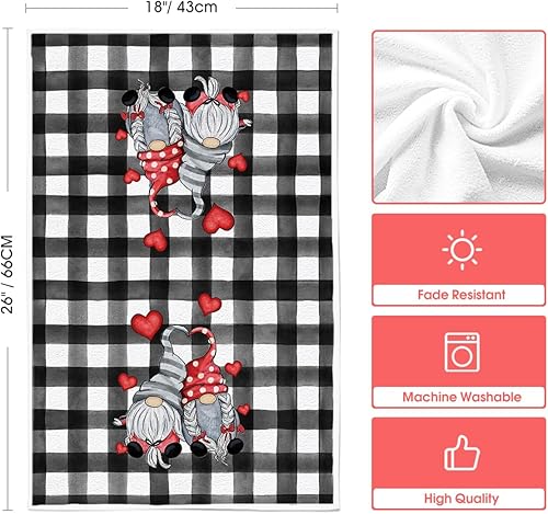 Miniatura 6 de Artoid Mode Juego de 2 toallas de cocina con diseño de gnomos a cuadros de búfalo para el día de San Valentín, 18 x 26 pulgadas, decoración de boda,