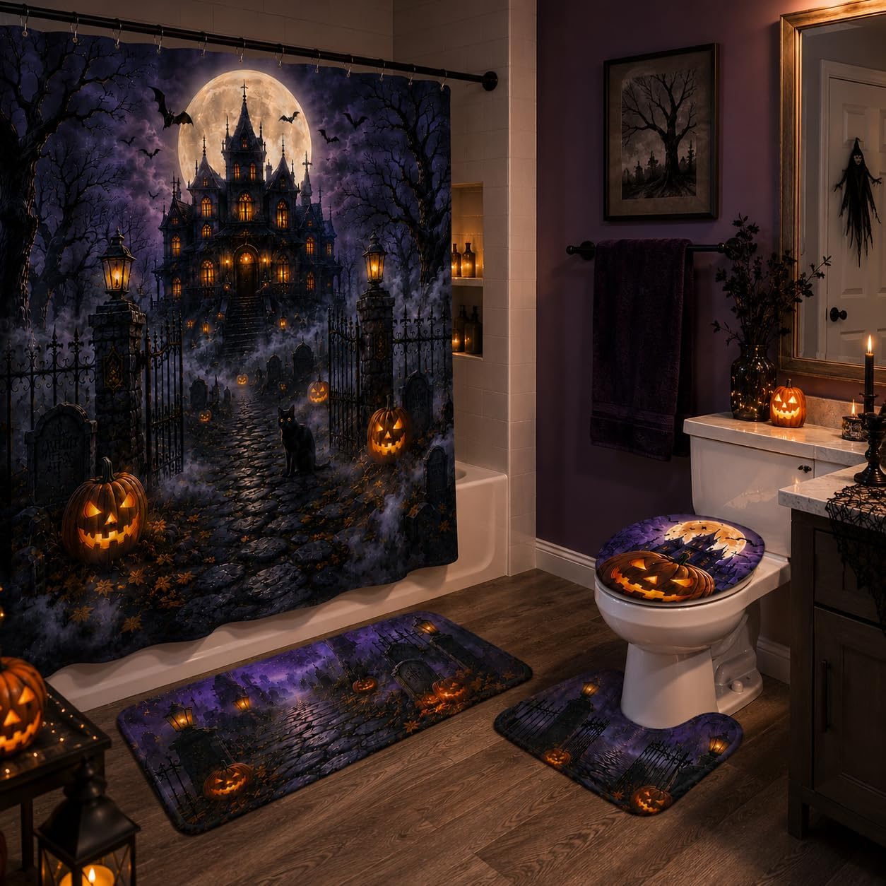 4 Pcs Halloween Shower Curtain Set, Halloween Bathroom Decor Gifts