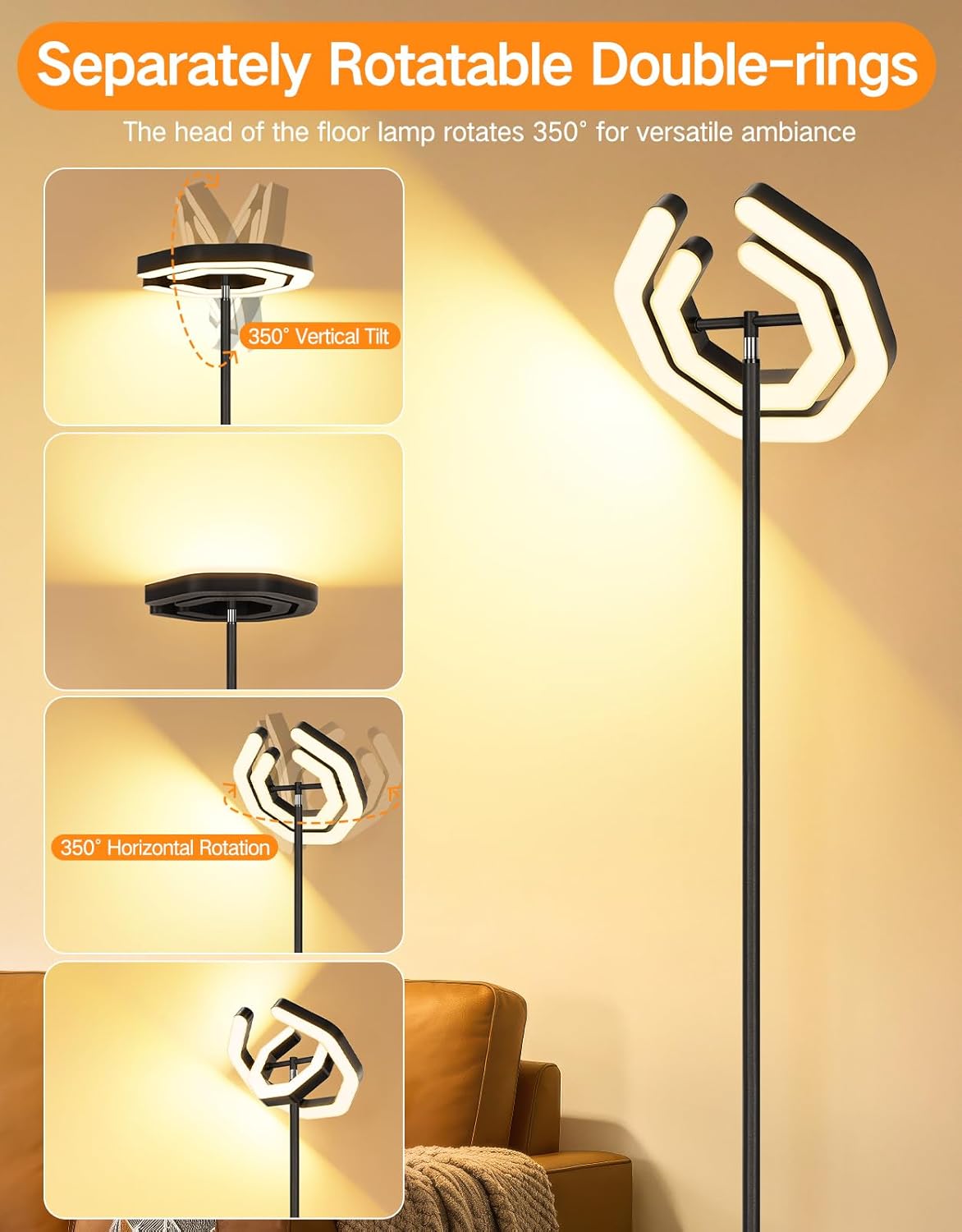 OUTON Bright Floor Lamp, 3000LM 30W LED Torchiere Floor Lamp with Remote and Touch Control, Stepless Dimmable 2700K-6500K, Dual 350° Rotatable Rings, Timer & Memory, for Living Room Bedroom Office