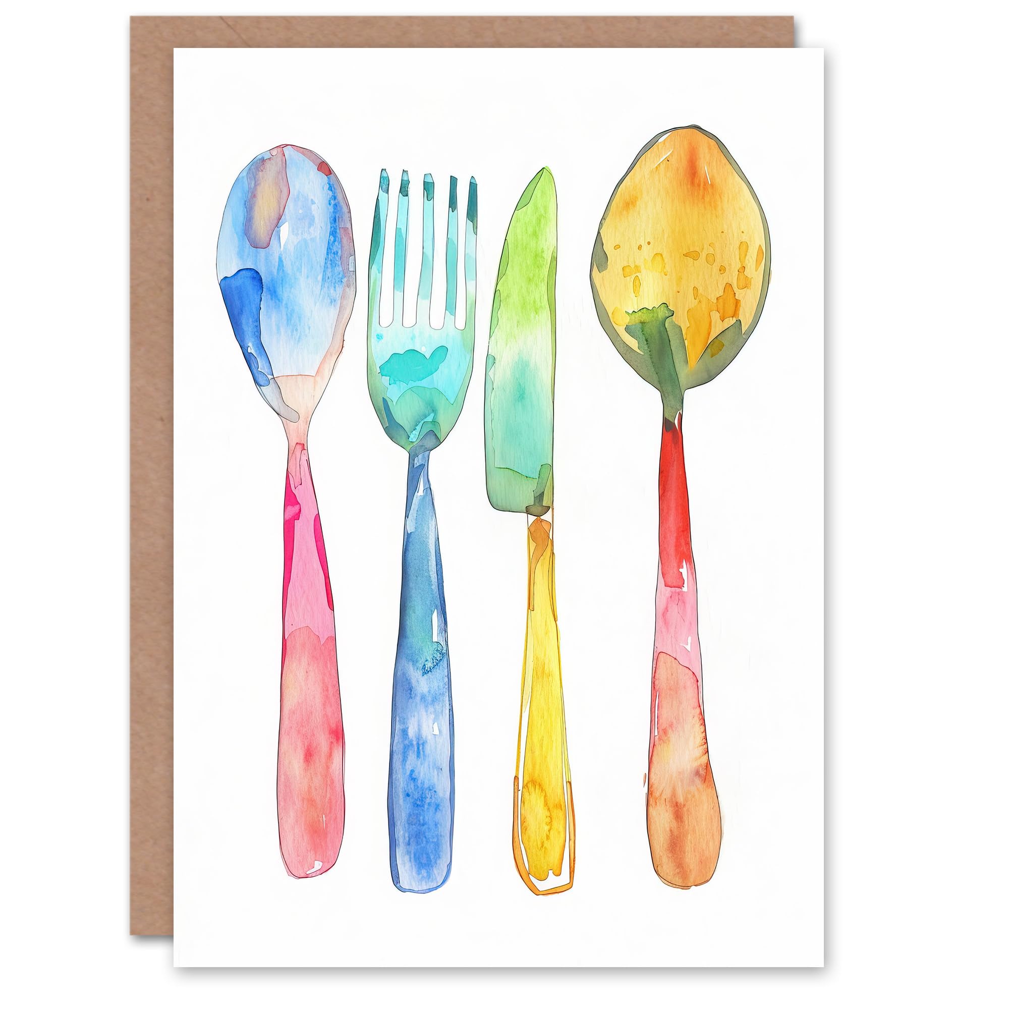 Artery8 Greeting Card Colourful Cutlery Fork Knife Spoon Watercolour Blank For Him Or Her Art Birthday Card