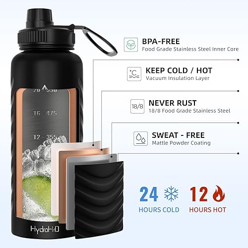 Miniatura 2 de Botella de agua aislada de 32 onzas, botellas de agua negras con popote (tapa de boquilla y tapa de rosca) y funda de silicona y mango flexible,