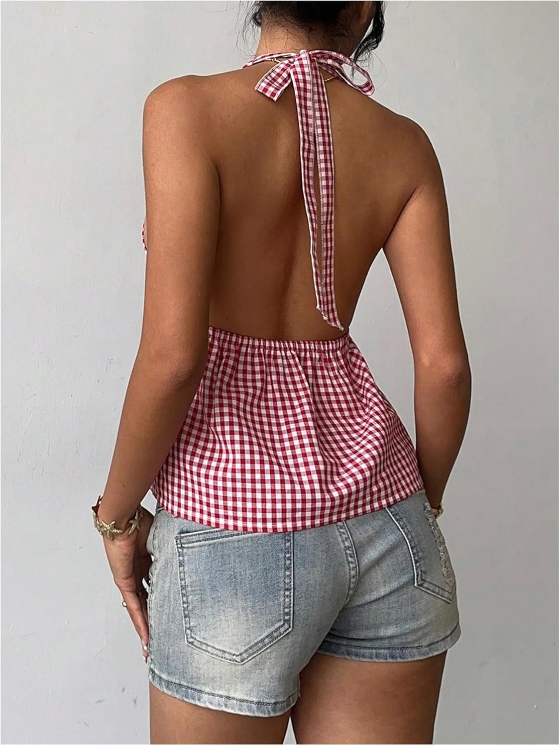 SOLY HUX Women's Gingham Top Plaid Babydoll Tops Checkered Halter V Neck Summer Peplum Cute Tank Top - Image 2