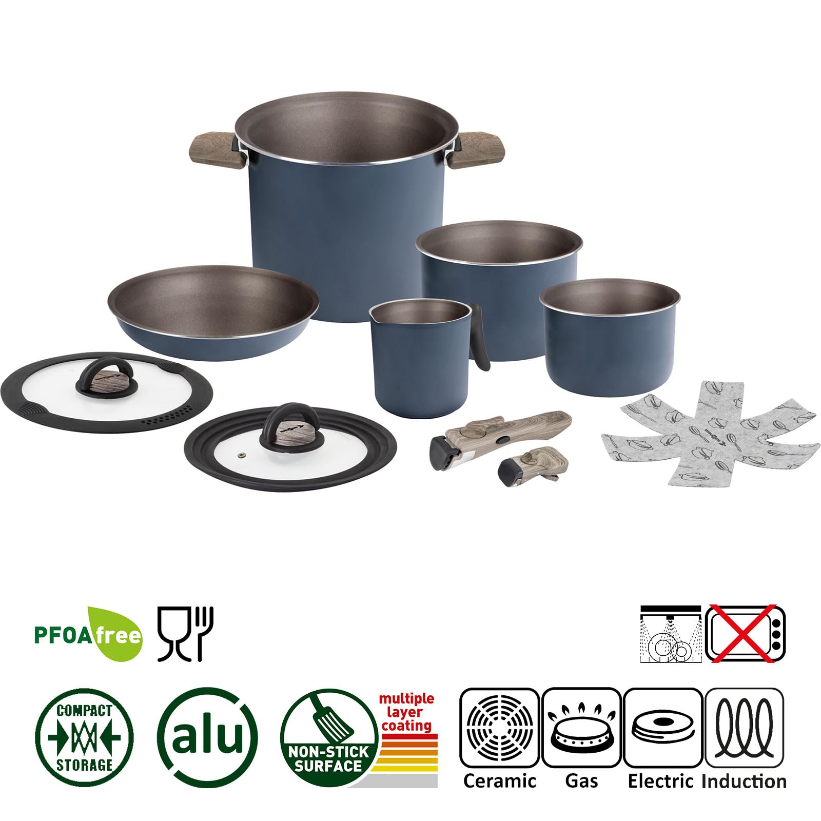 BRUNNER Camping HOHES Kochgeschirr-Set Alu (Töpfe und Pfannen) - ø 18, 20, 22 cm TORRALTA Vakublock - 2-4 Personen, Keramik, Leicht, Hochwertig, Stapelbar