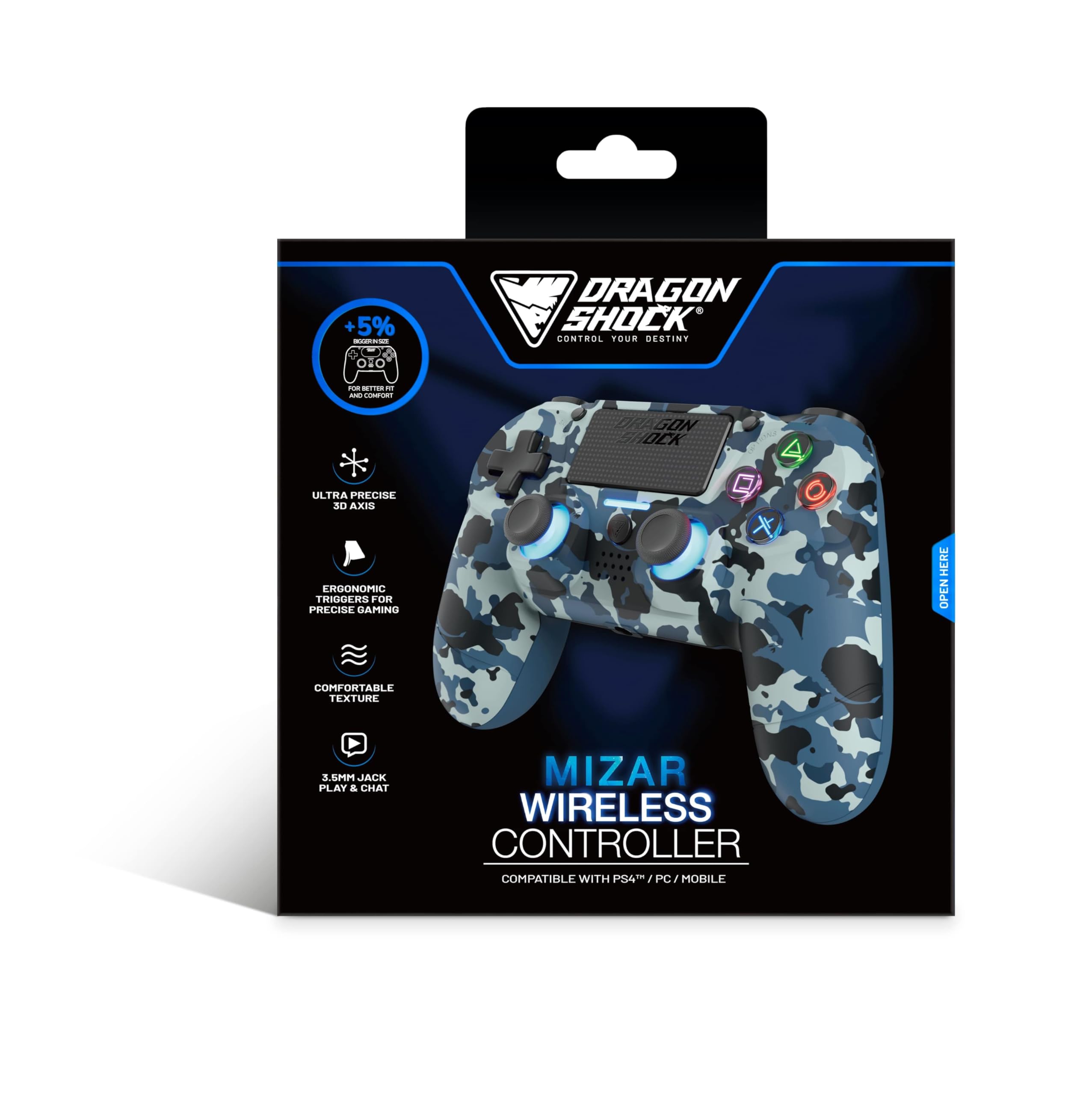 Mizar Manette Sans Fil pour PS4 – Contrôleur Bluetooth Compatible PC & PS3 – Double Vibration, Batterie Rechargeable – Camouflage Bleu