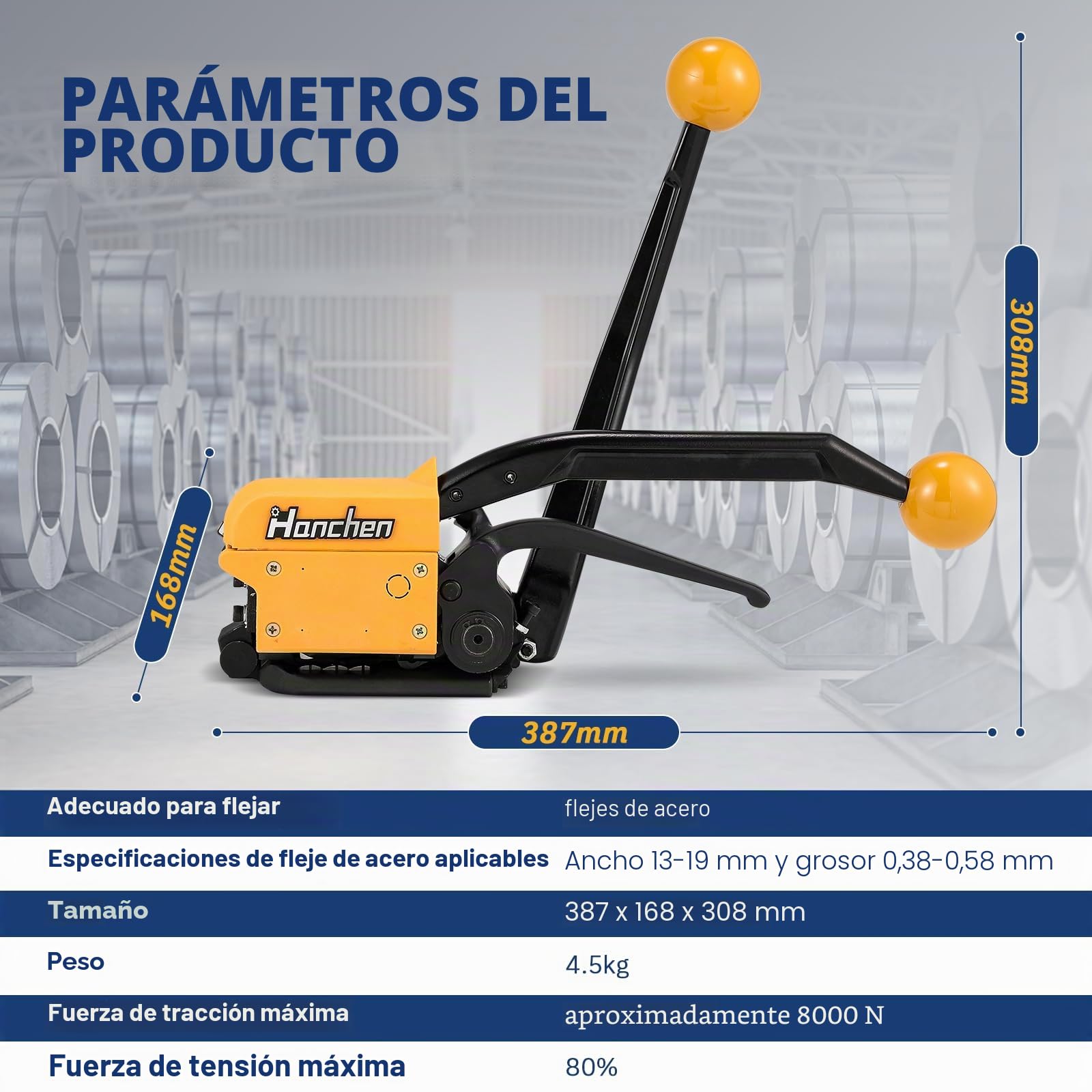Hanchen Flejadora de Acero Manual Herramienta de Fleje de Acero sin Hebilla Máquina de Embalaje Industrial para Banda de Acero de 13-19mm
