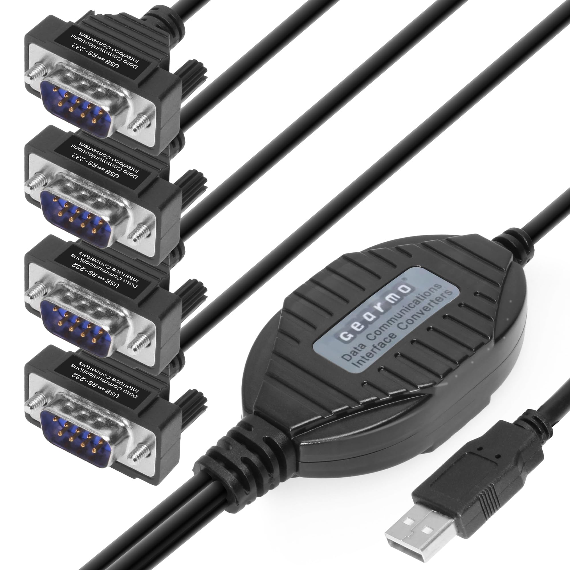 Gearmo 4 Port USB to Serial RS232 Adapter FTDI Chipset, Supports Win 11, 10, 8, 7, Linux, Mac w/ESD and Surge Protection