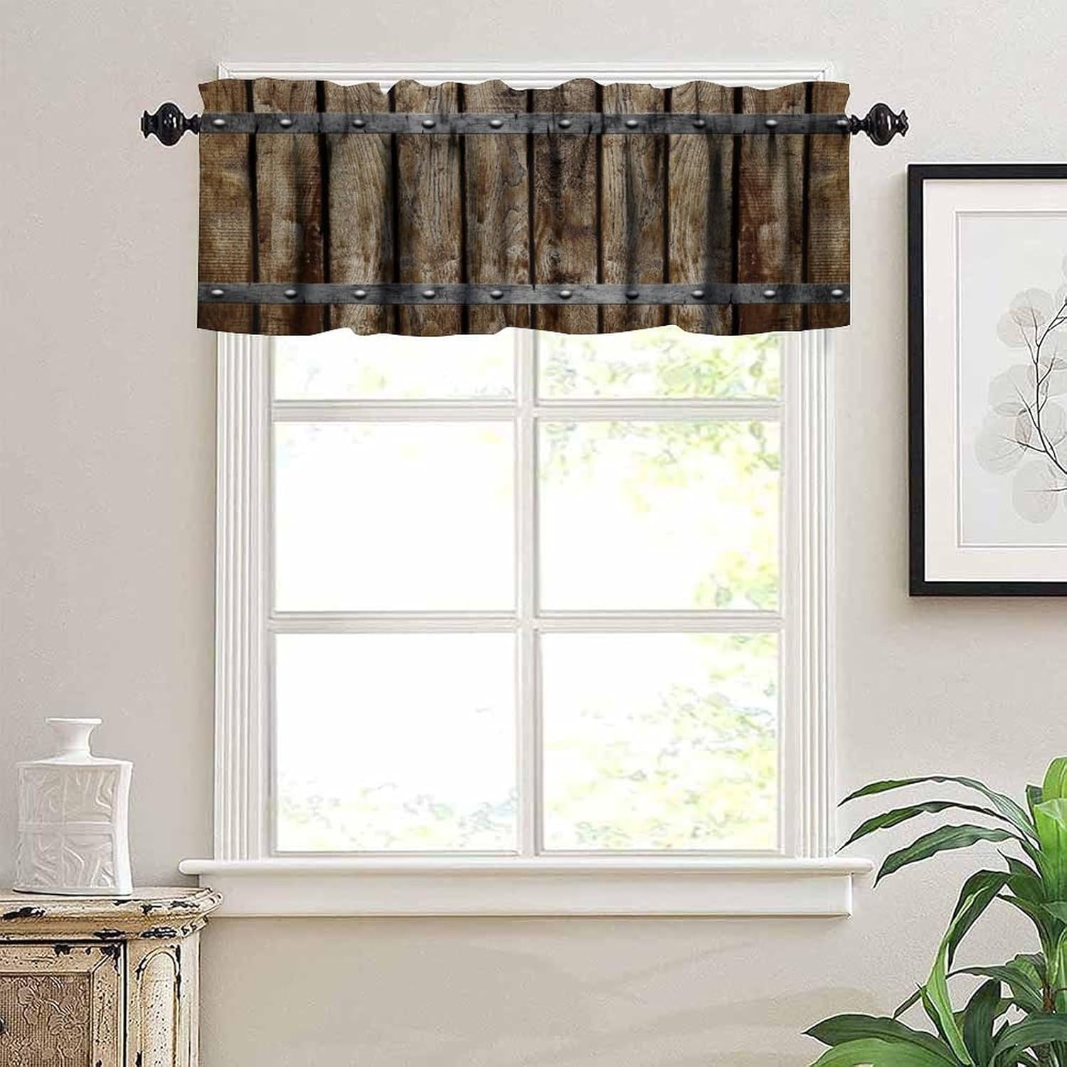 Rustic Barn Door Valances Curtains, Brown Wooden Board Farmhouse Country Short Window Curtains Valances for Kitchen Dinning Room Living Room 1 Panel, 54x18 Inch - Image 5