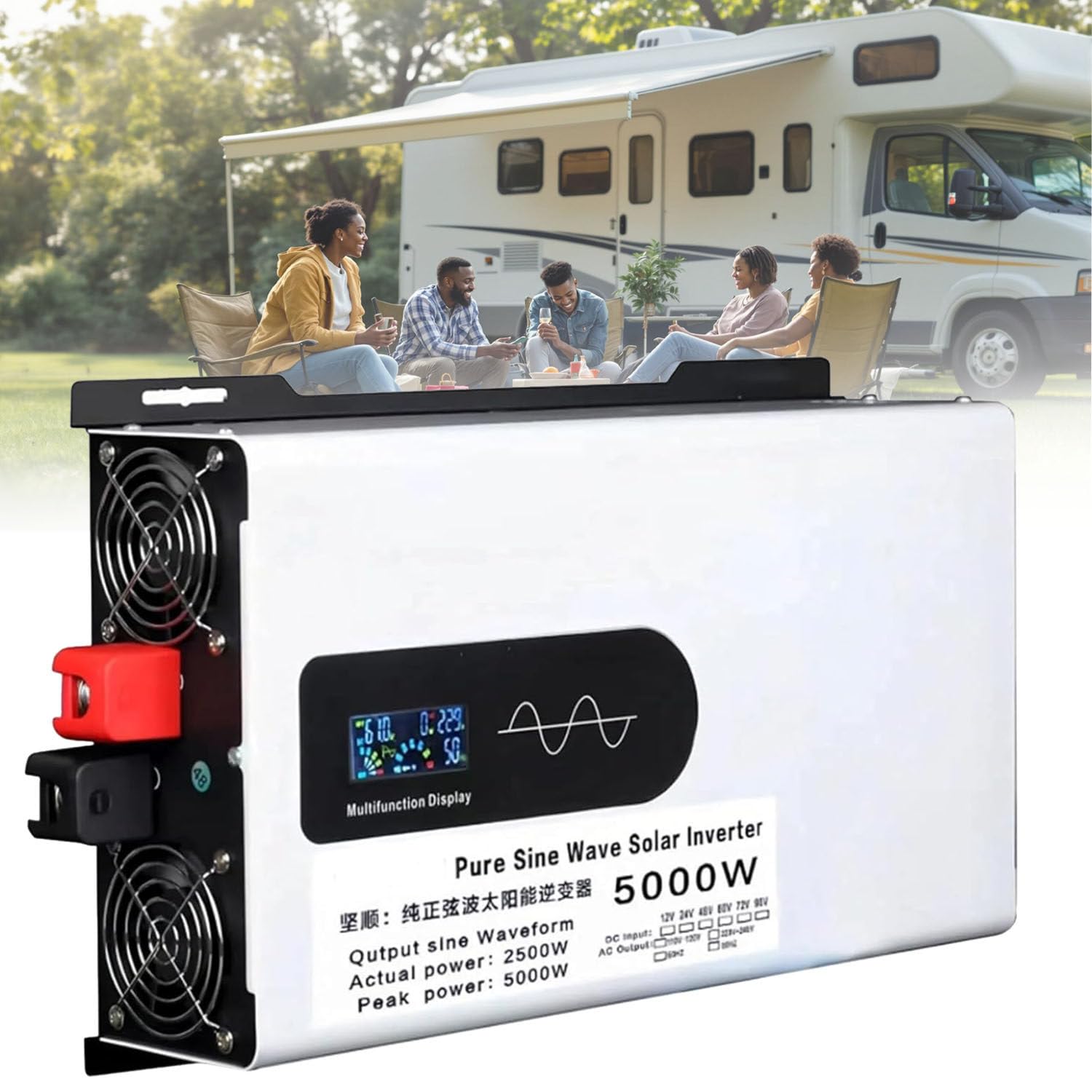 Hochleistungs-Solar-Wechselrichter 5000W-12000W, reiner Sinuswellenausgang, DC 12V/24V/48V/60V/72V/96V auf AC, mit AC-Steckdosen und LCD-Display für Wohnmobil und LKW