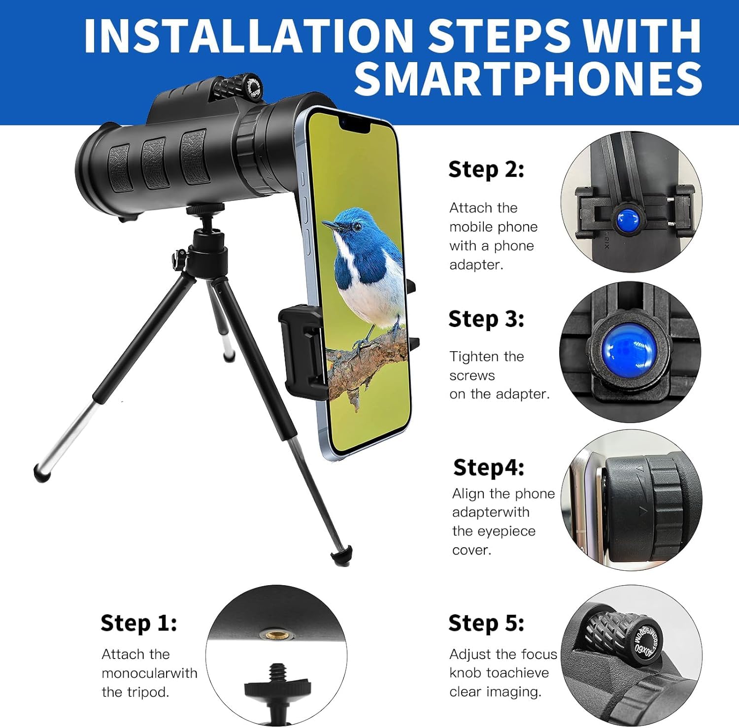 Monocular, Télescope monoculaire 12X50,Telescope Monocular, Monoculaire HD avec Trepied pour Smartphone pour l'Observation des Oiseaux Concerts Chasse