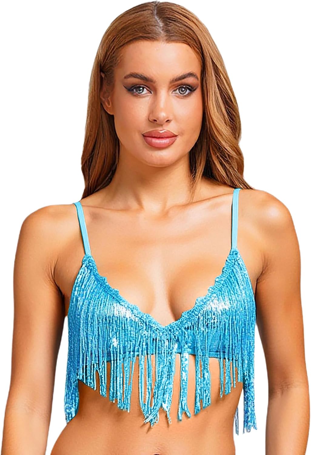 Jugaoge Women's Shiny Sequin Fringe Bralette Fringe Wireless Bra Top Tassel Dancewear for Belly Dance