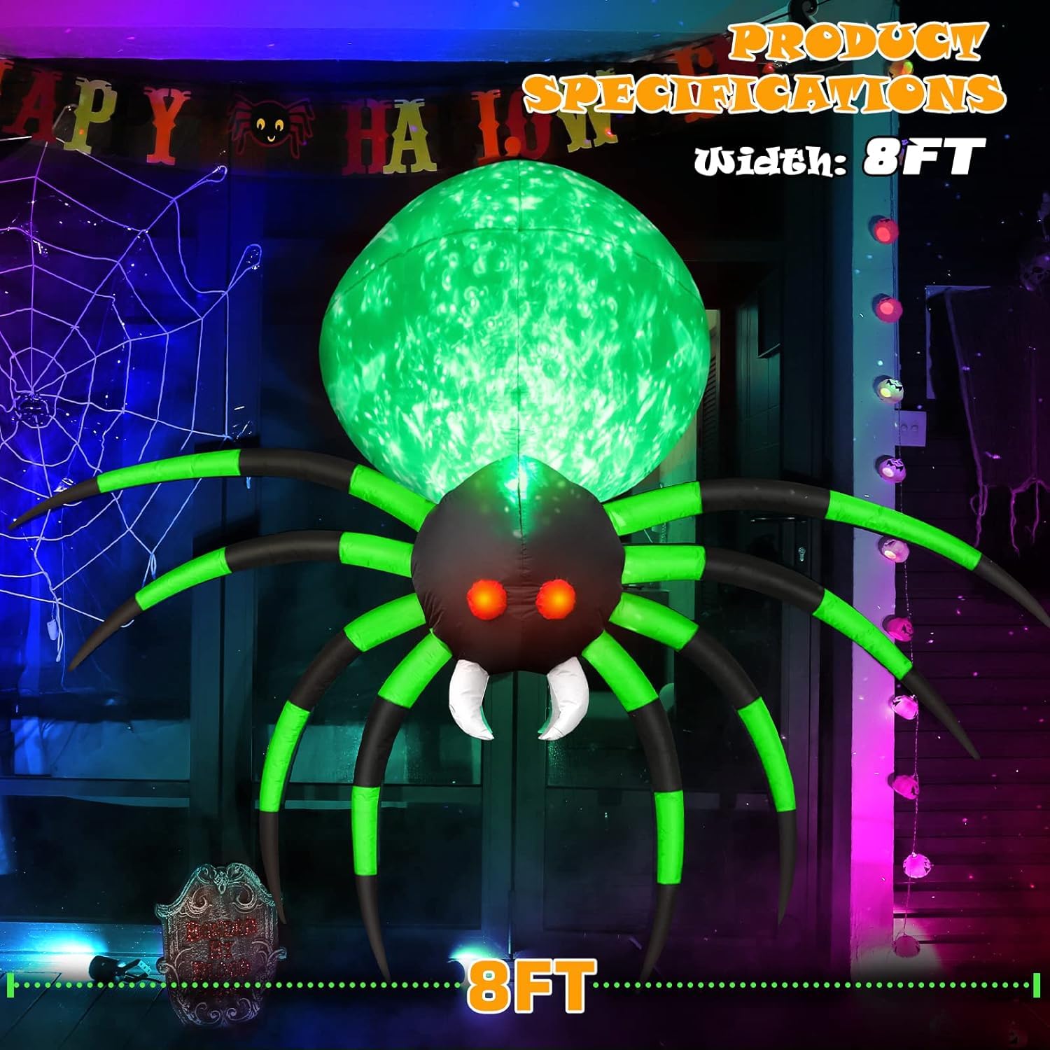 Decorazioni gonfiabili per esterni, ragno di Halloween, 2,4 m, gigante, verde con fiamma rotante che soffia, grandi oggetti di scena spettrali per feste di Halloween, giardino, prato, casa, vacanze,
