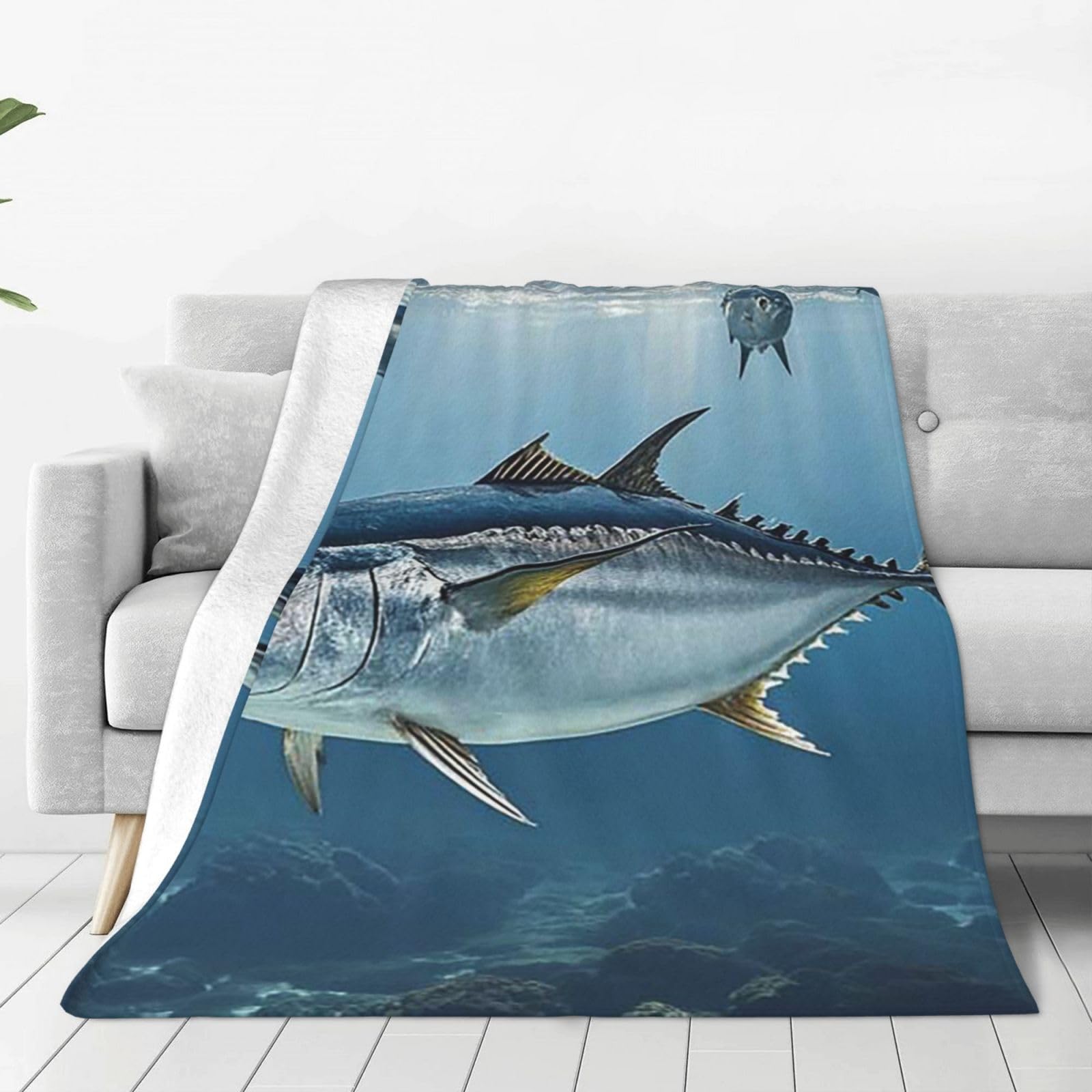 Couverture flanelle douce réversible drap de lit jeté canapé bleu thunnus