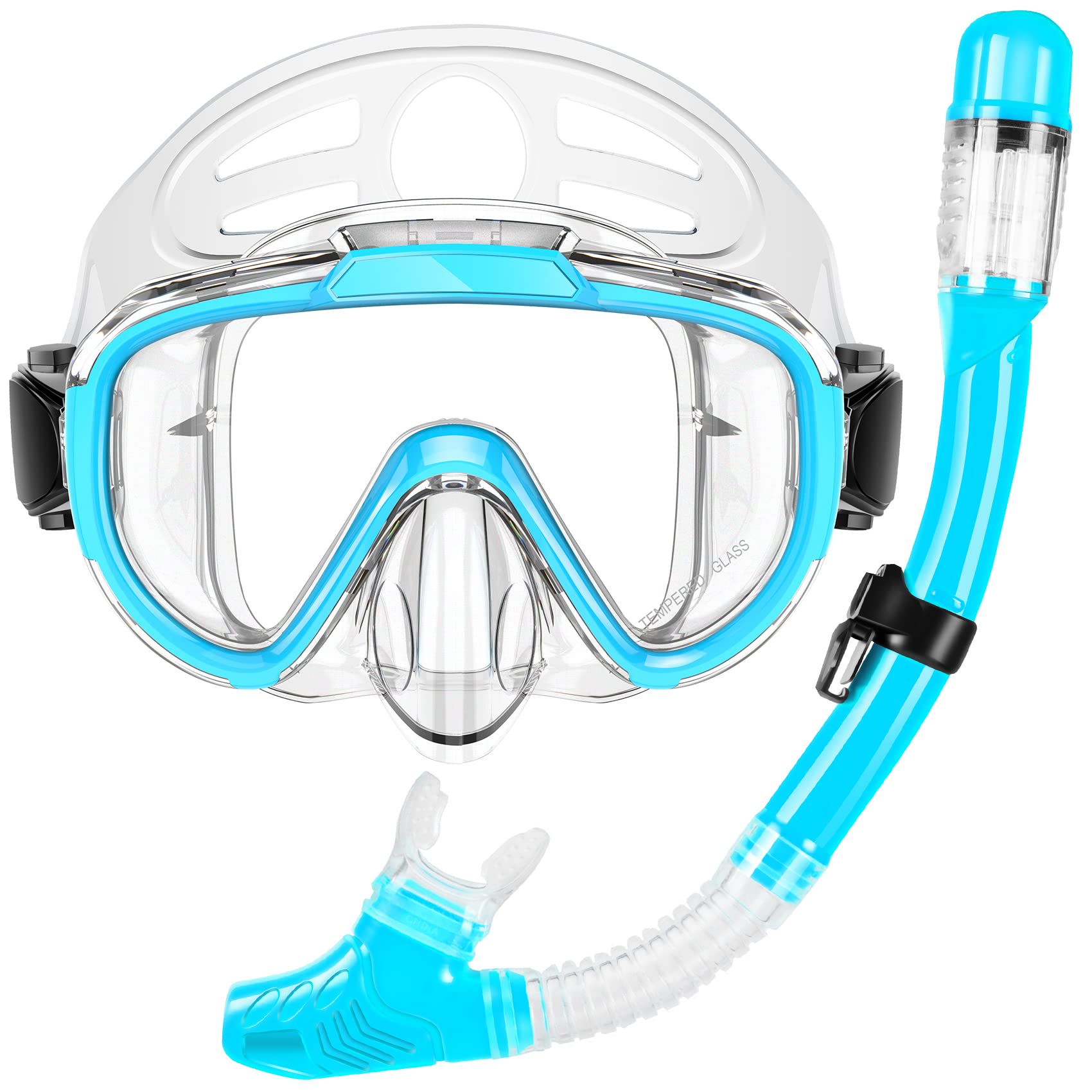 Snorkel Set, Zipoute Snorkel Dry Top Snorkeling Gear for Adults, Panoramic Anti-Leak and Anti-Fog Tempered Glass Lens, Adults Adjustable Snorkeling Set, Scuba Diving Swimming Training Snorkel Kit