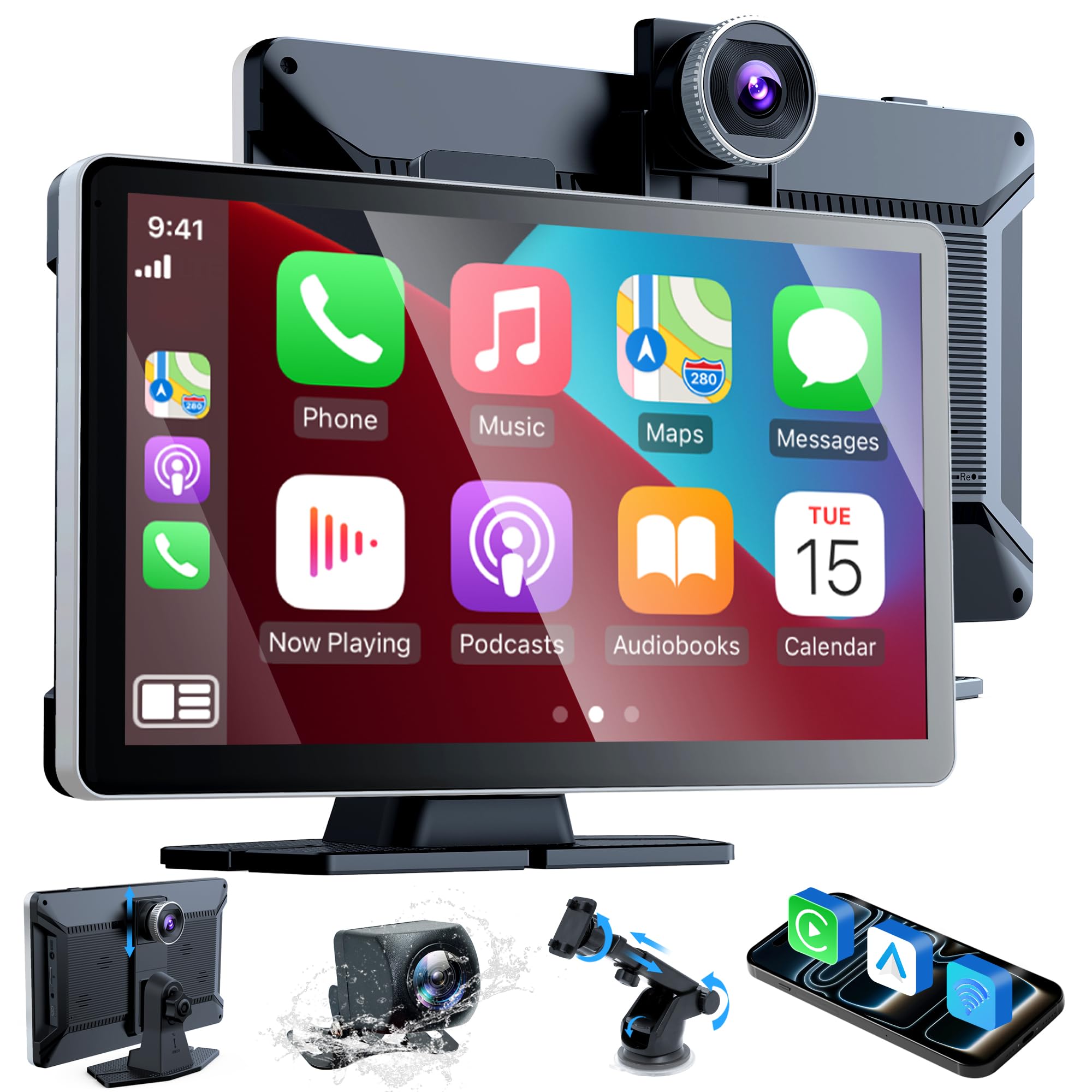 Radio de 9 Pulgadas con Apple Car Play y Android Auto, Reproductor portátil táctil inalámbrico con Control de Voz, cámara Dual 4K Frontal y Trasera 1080p (9 Pulgadas + 2 cámaras)