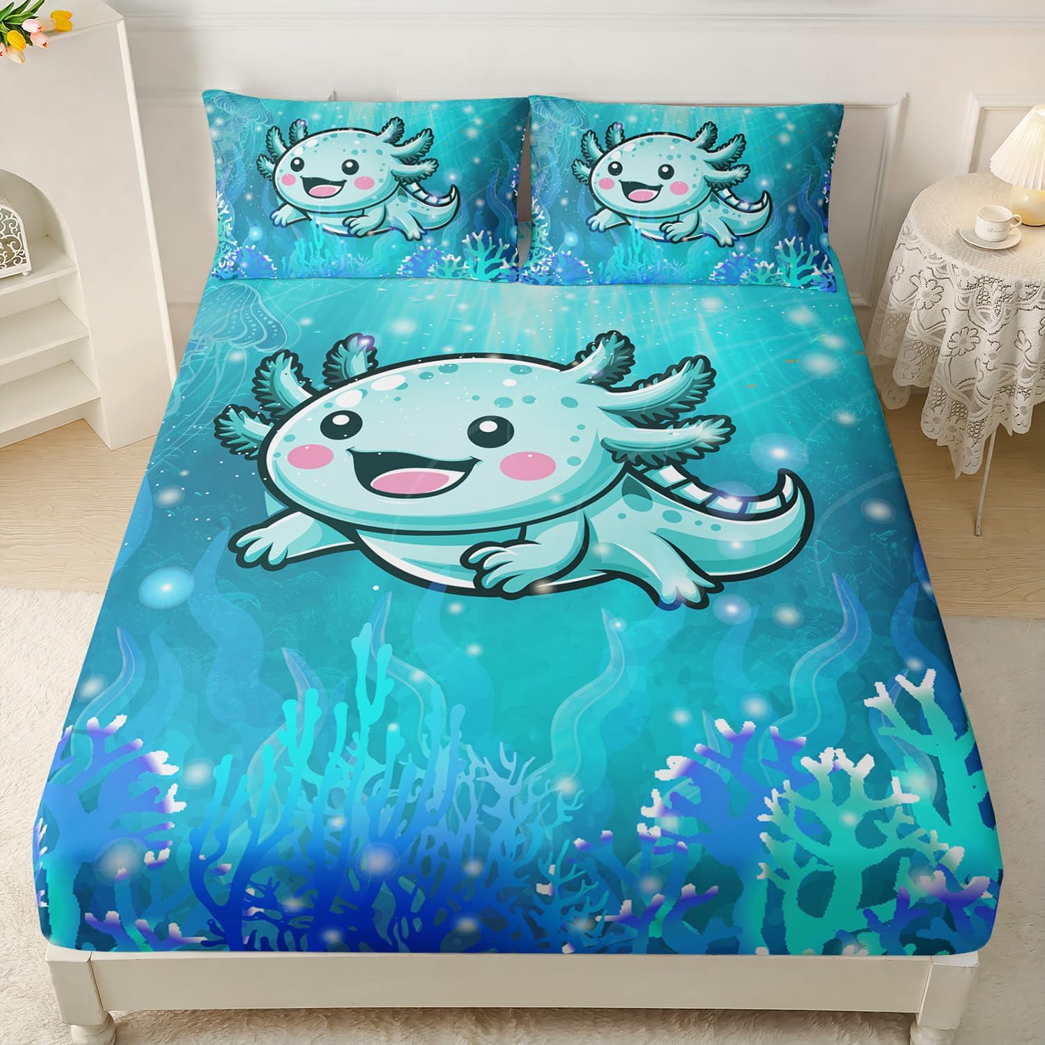 AILONEN Cute Axolotl Kids Fitted Sheet Set Twin Size, Blue Ocean Animal Kawaii Bed Sheet Set Decor,Jellyfish Coral Twin Fitted Sheet with 2 Pillowcases,3 Pieces Axolotl23 Twin