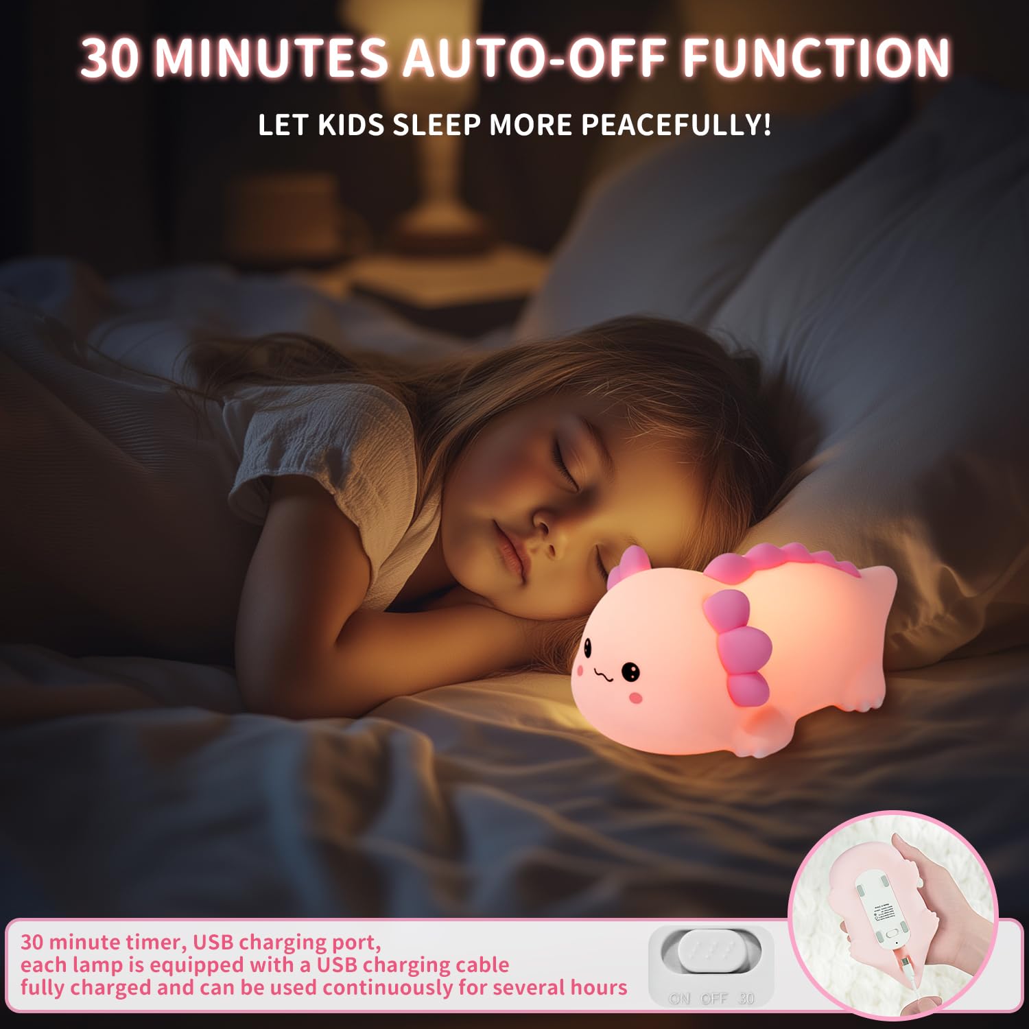 Axolotl Silikon-Nachtlicht für Kinderzimmer, dimmbar, LED-Tierlampe mit Timer, niedliche Geschenke, wiederaufladbare Schlafzimmer-Nachttischlampe mit Touch-Sensor, Spielzeug für Kinder